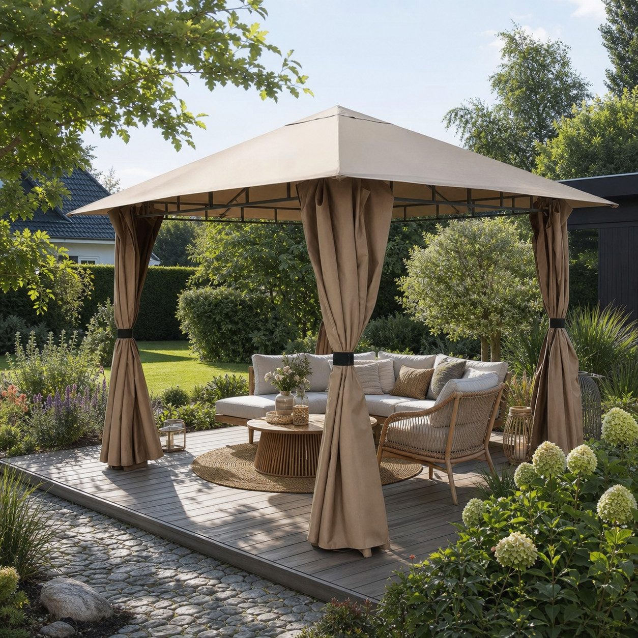 Sekey Pavillon Gartenpavillon 300x300 cm Partyzelt Gartenzelt, mit 4 Seitenteilen, mit 4 Seitenteilen, Wasserdicht, Windfest, Sonnenschutz, Seitenteile mit Reiß – Bild 3 von 5