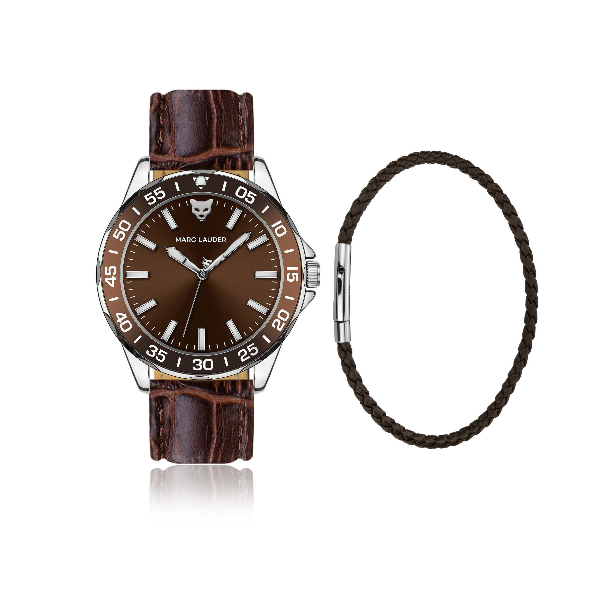 MARC LAUDER Quarzuhr SME3-1 Ljublijana Chocolate brown sunray Padded and stitched croco Genuine calf leather Set
