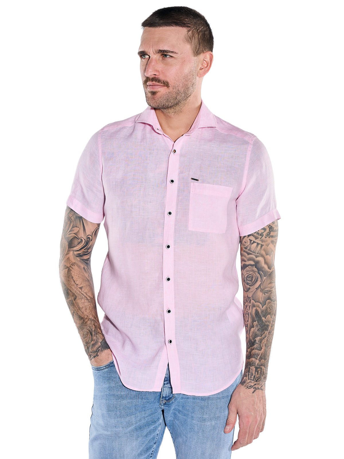 Kurzarmhemd Herren Leinen-Kurzarmhemd mit Brusttasche, Rosa