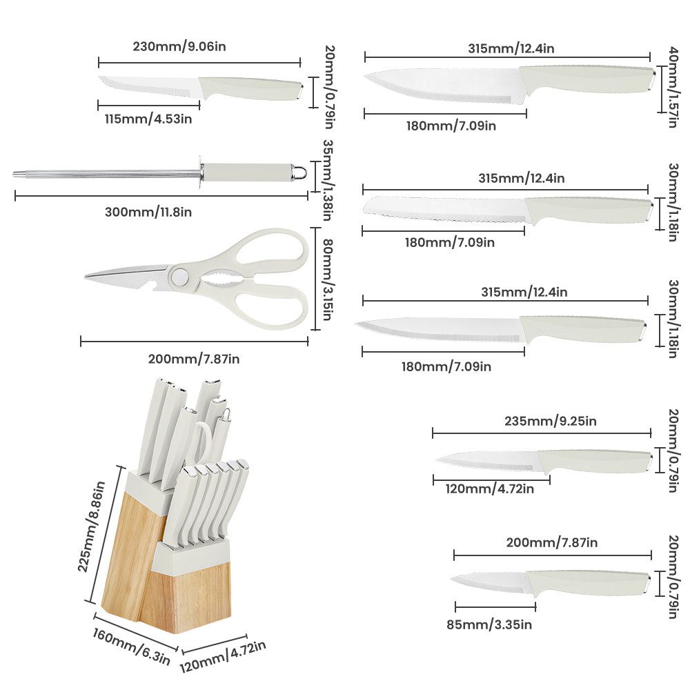 MDHAND Messer-Set 14-teiliges selbstschärfendes Küchenmesserset aus Edelstahl (14-tlg), inklusive Messerblock mit integriertem Schärfeinsatz