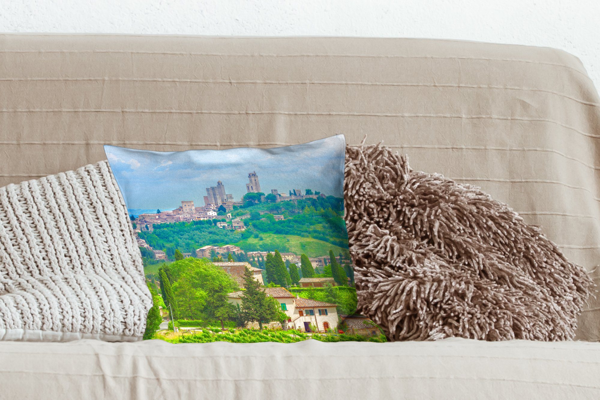 Die Sofakissen der Hügel Schlafzimmer, mit in von Toskana, MuchoWow für Wohzimmer, San Deko, Zierkissen Gimignano Füllung Dekokissen