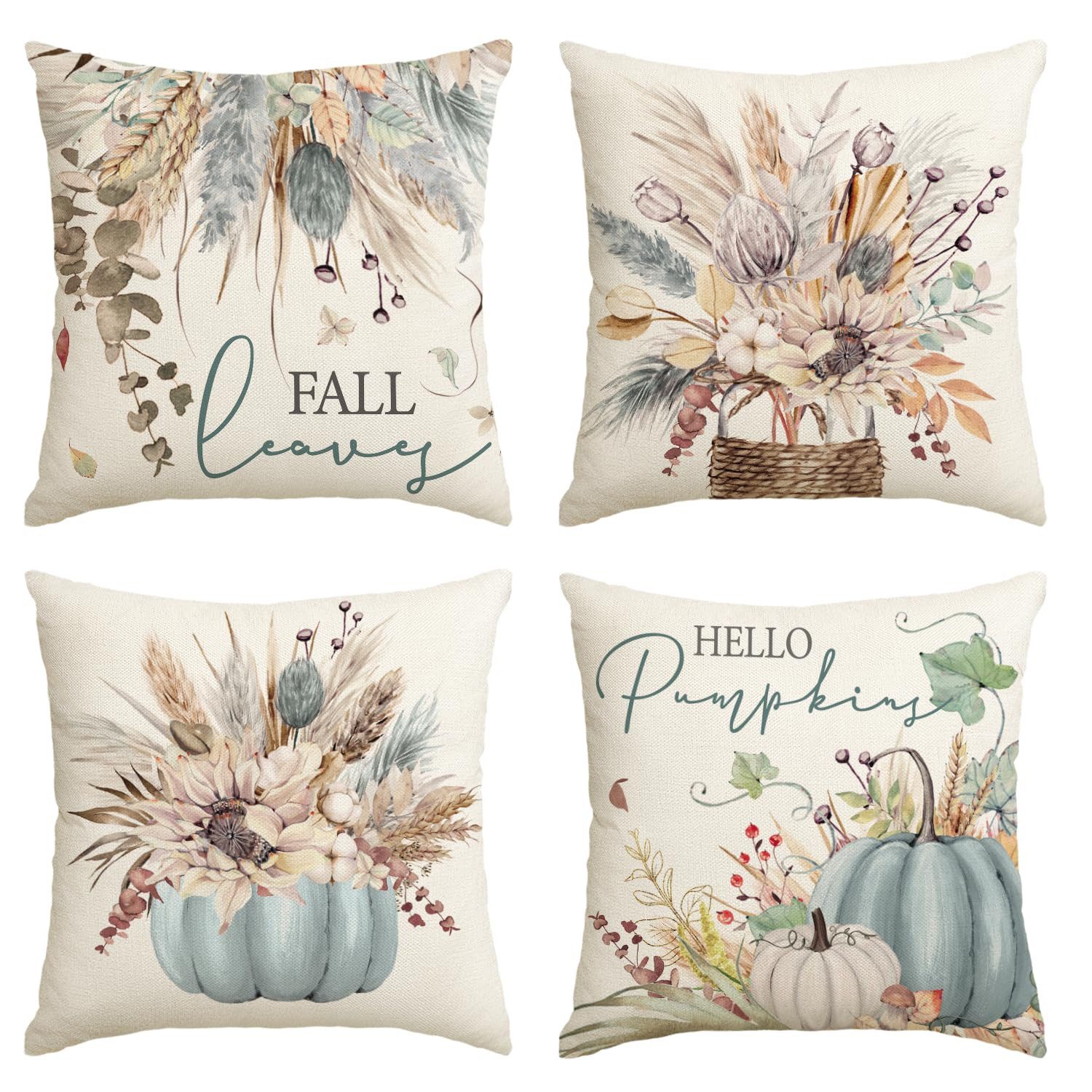 Sorvyzxn Kissenhüllen 4er-Set Kissenbezug Herbst 45x45 4er Set Dekoration Kissenhülle, (4 Stück), Herbstdeko Leinen-Kissenhüllen – Motiv: Kürbisse & Weizen