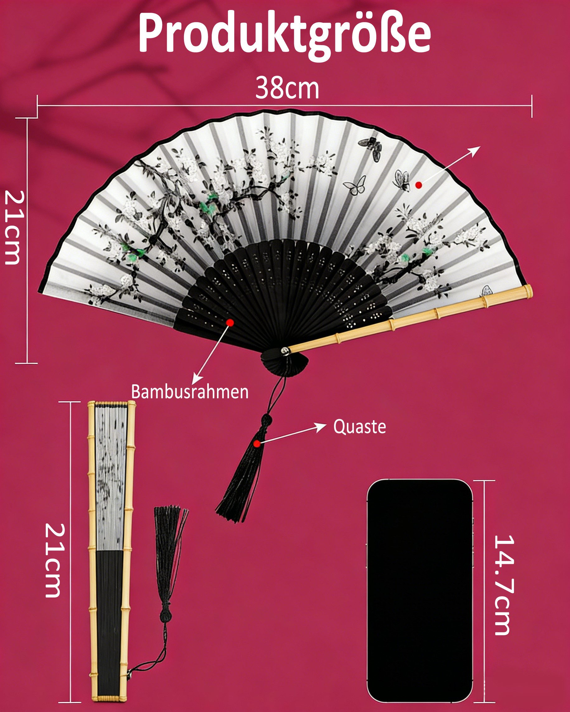 Zaewry Handfächer Quasten-Handfächer, Vintage-Faltfächer