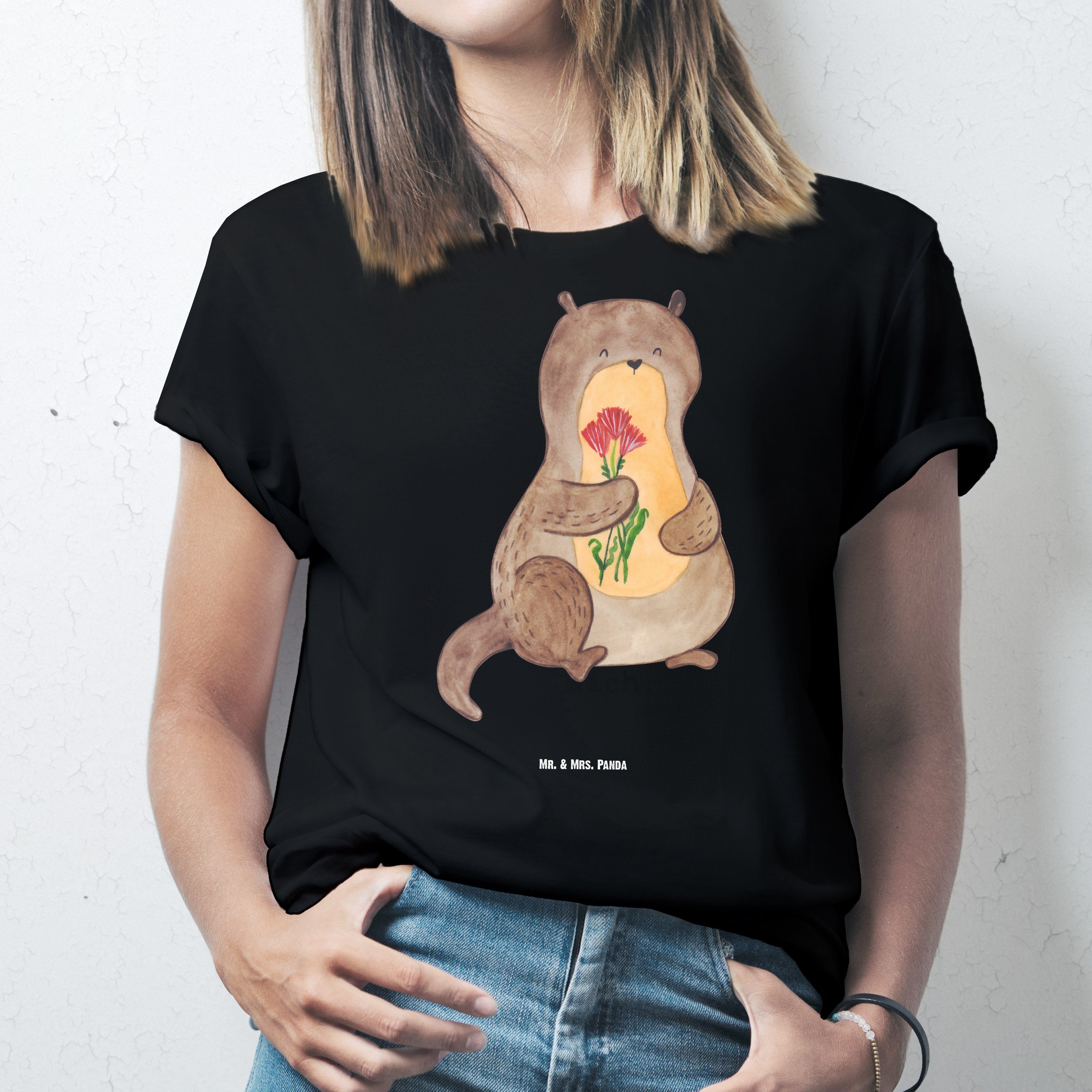 Mr. & Mrs. Panda T-Shirt Otter Blumenstrauß, Tshirt, Schwarz, Seeotter, Blumenstrauß, T-Shirt, (Packung) Großes T-Shirt Süß Übergrößen Herren T-Shirt