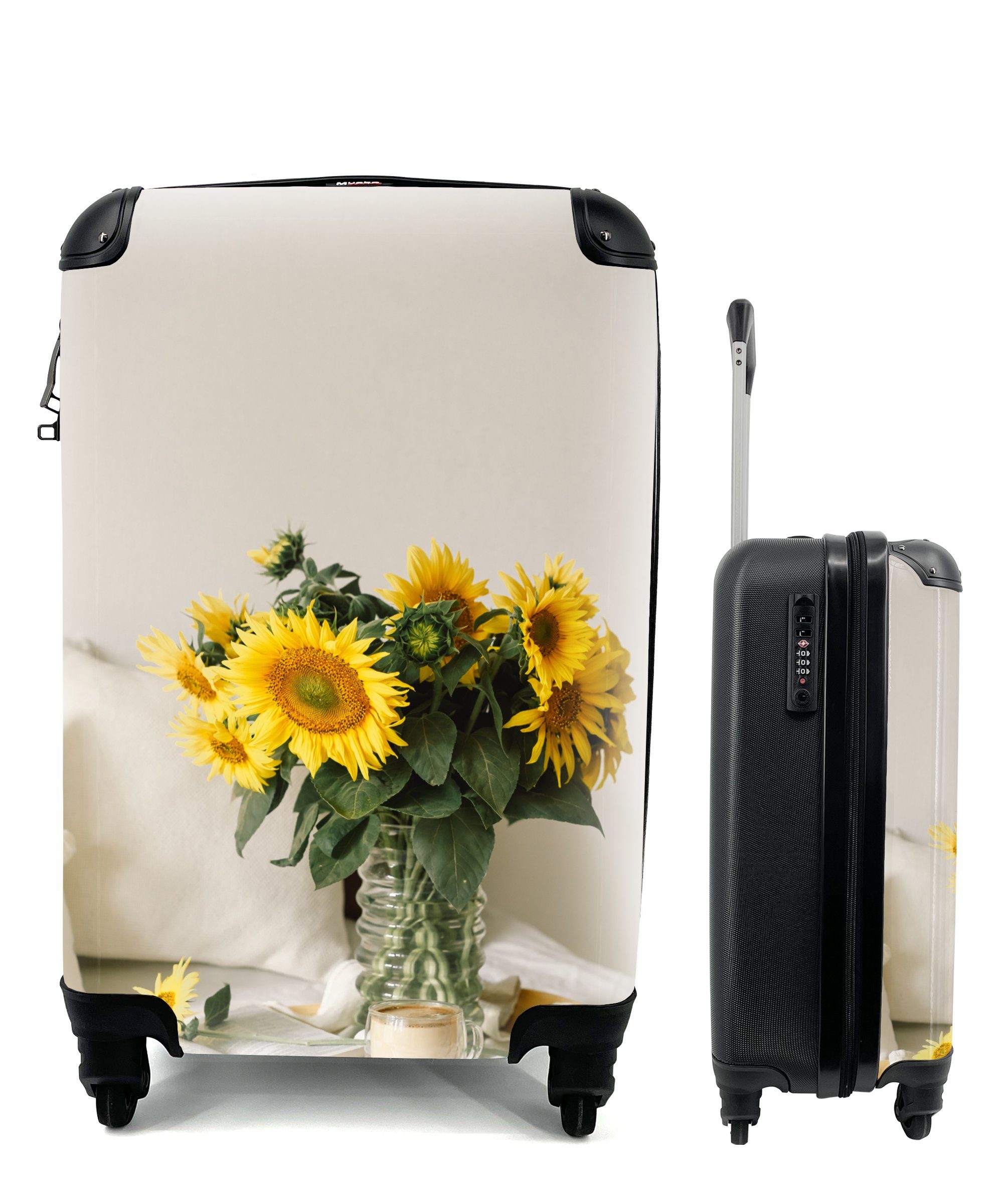 MuchoWow Handgepäckkoffer Stilleben - Tablett - Sonnenblumen, 4 Rollen, Reisetasche mit rollen, Handgepäck für Ferien, Trolley, Reisekoffer