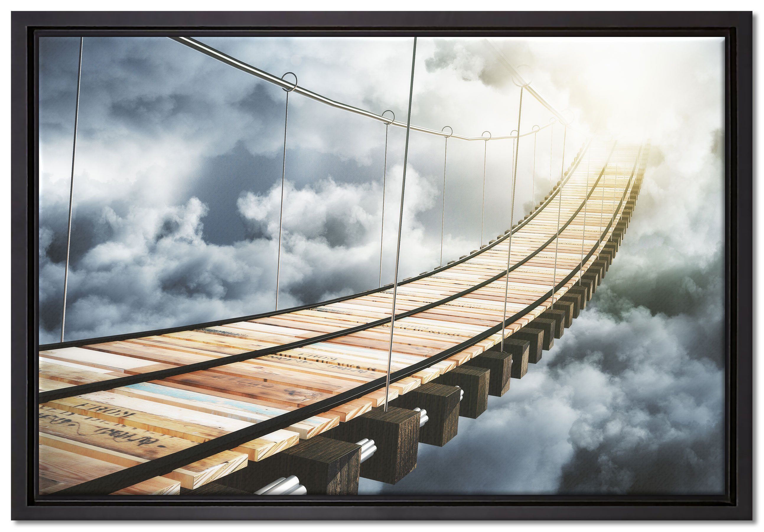 Pixxprint Leinwandbild Hölzerne Brücke in den Wolken, Wanddekoration (1 St), Leinwandbild fertig bespannt, in einem Schattenfugen-Bilderrahmen gefasst, inkl. Zackenaufhänger