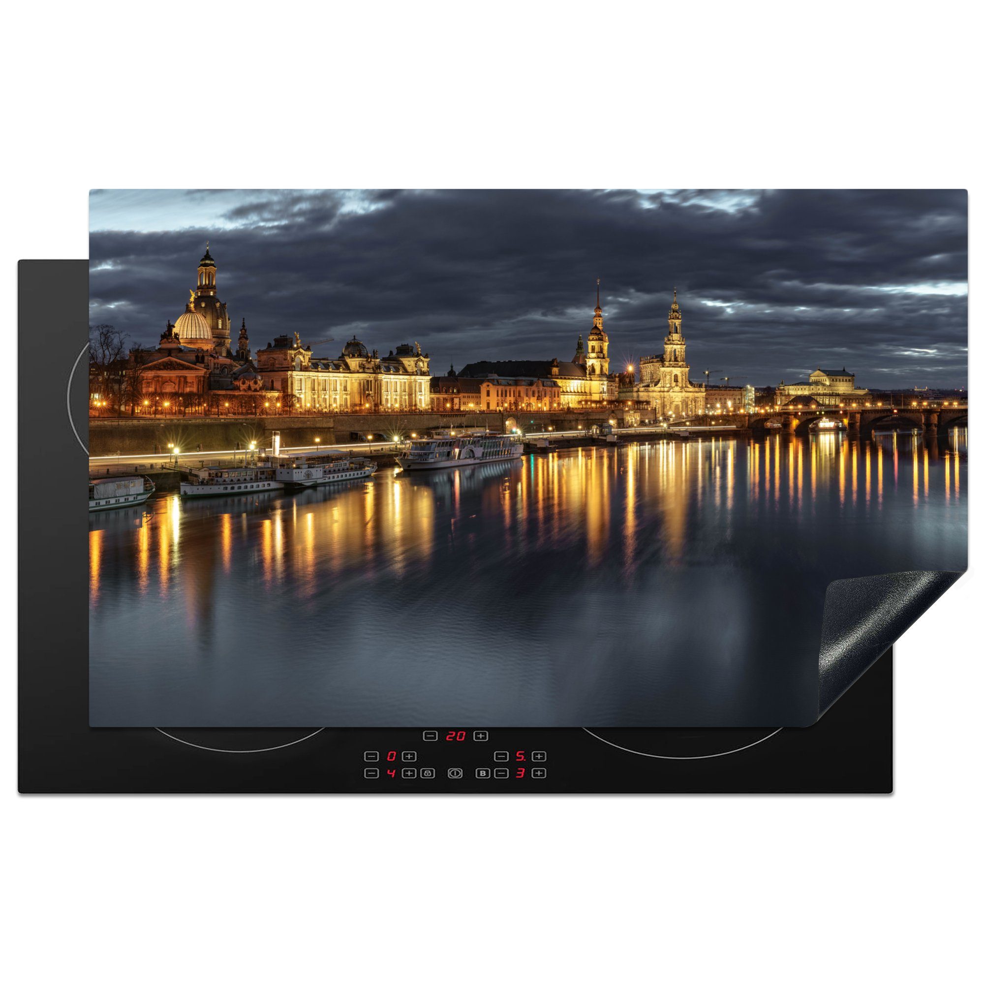 MuchoWow Herdblende-/Abdeckplatte Panorama des Stadtbilds der deutschen Stadt Dresden, Vinyl, (1 tlg), 83x51 cm, Ceranfeldabdeckung, Arbeitsplatte für küche