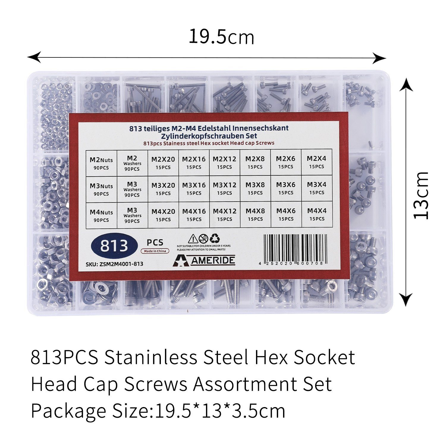 Innensechskant Edelstahl Schrauben-Set, (813 Zylinderschrauben St), M2 Natsen Set,Silber M3 Muttern Sortiment Schrauben 813pcs M4