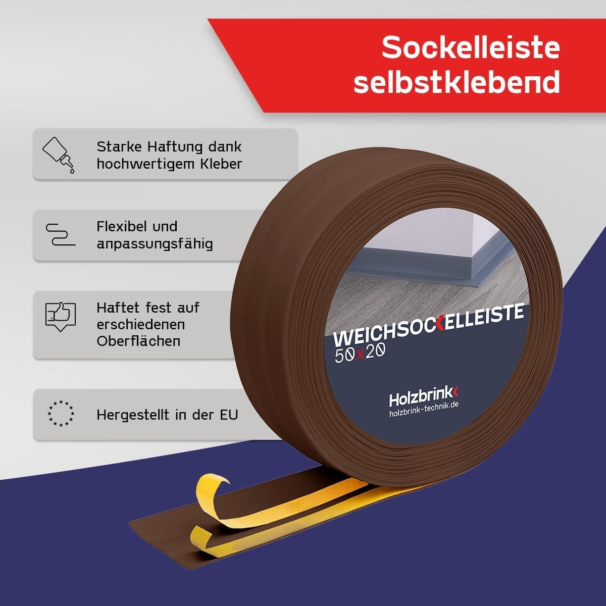 HOLZBRINK Sockelleiste HOLZBRINK selbstklebend PVC 50x20mm, 1 m, L: 100 cm, 1m Rolle, Küchenleiste Abschlussleiste für Badezimmer Farbe: Schokolade – Bild 3 von 5