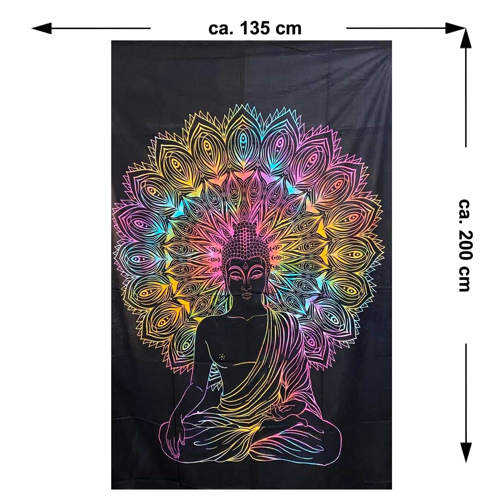 KUNST UND MAGIE Wandteppich Tuch Buddha Tagesdecke Wandbehang Deko UV Schwarzlicht ca. 200 x 135cm