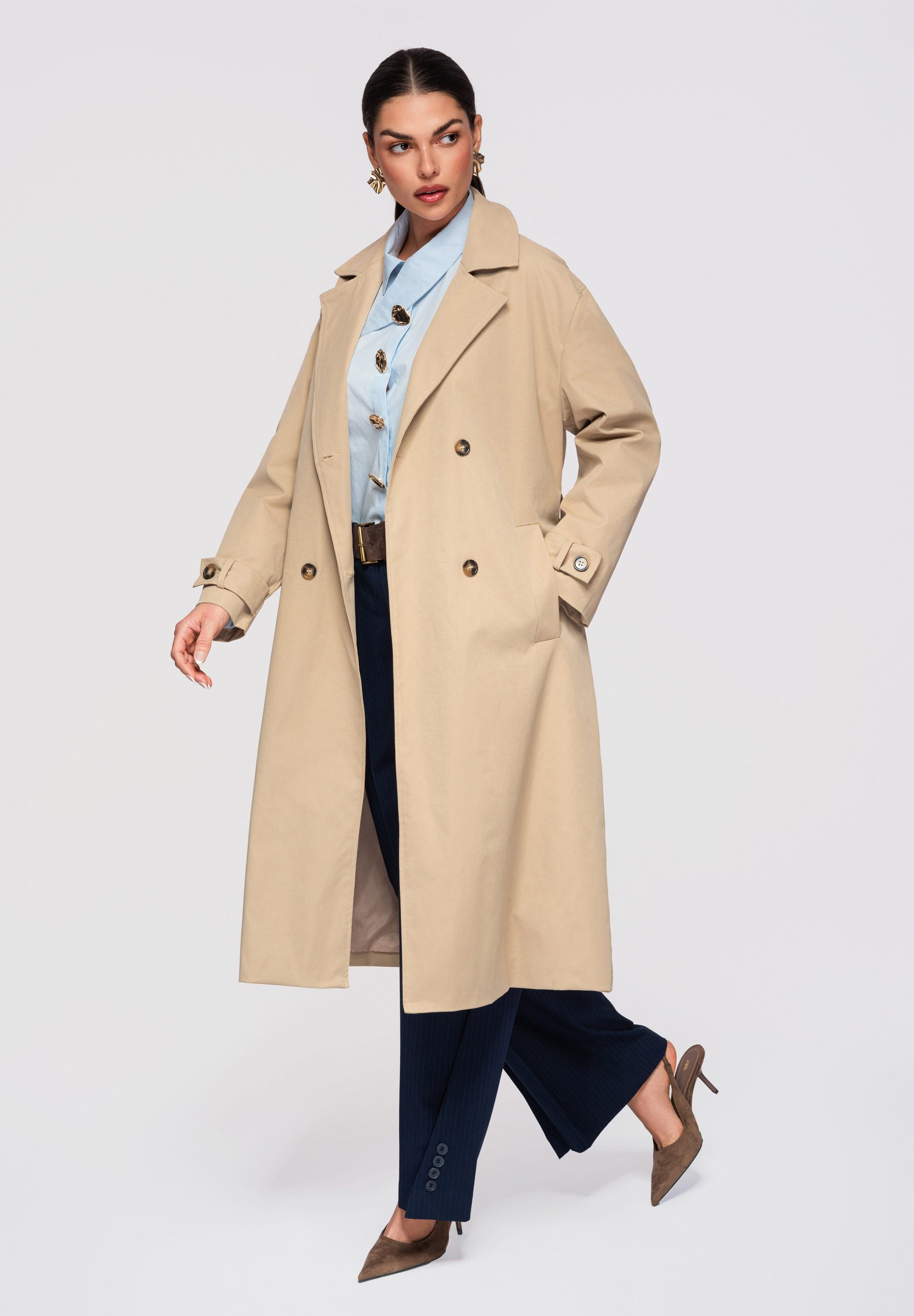 OMBRE Trenchcoat Damen Mantel Midi Gürtel Elegant (kein Set, 1-tlg) Taillengürtel