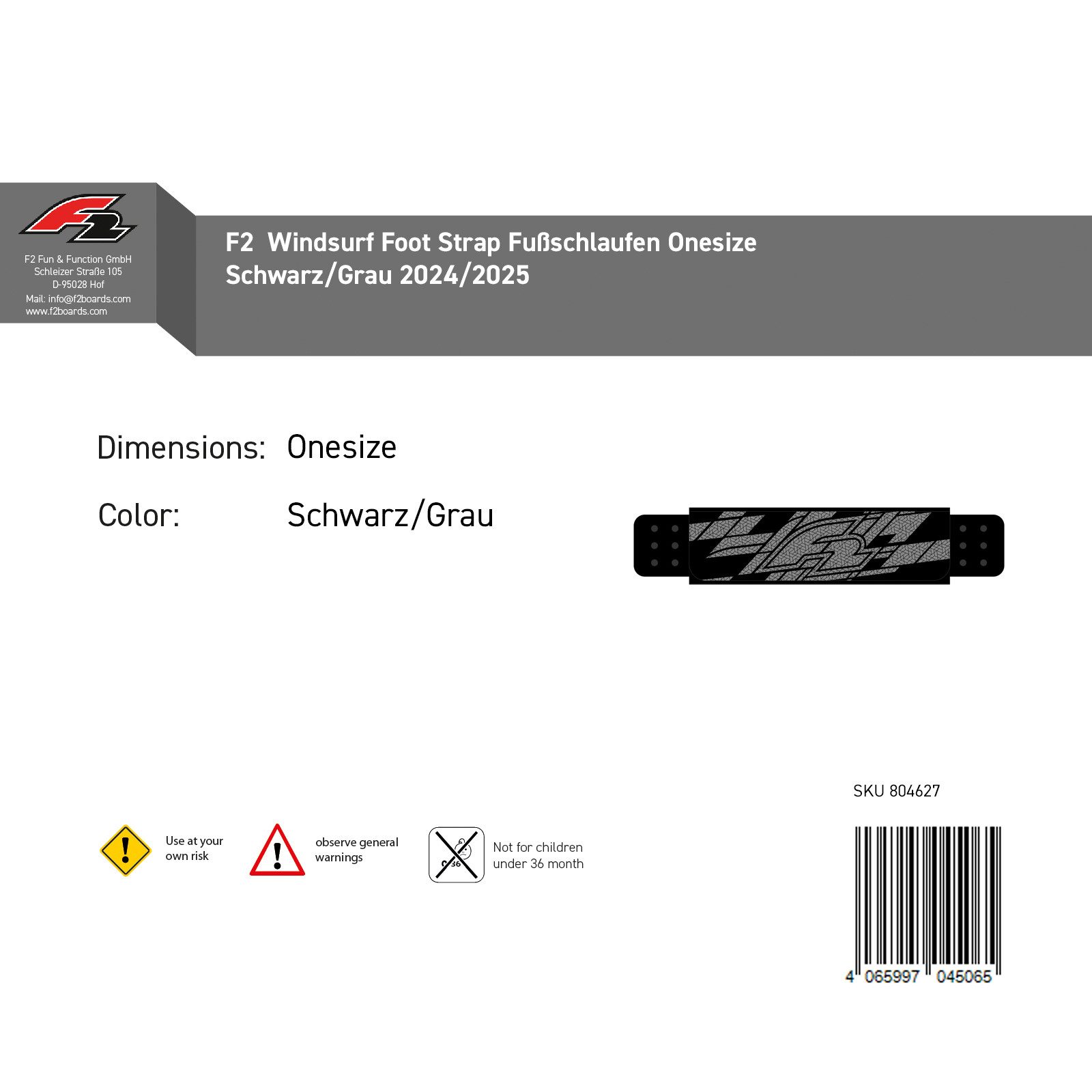 F2 Windsurf Fußschlaufe F2 Windsurf Foot Strap Fußschlaufen Onesize Schwarz/Grau 2024/2025