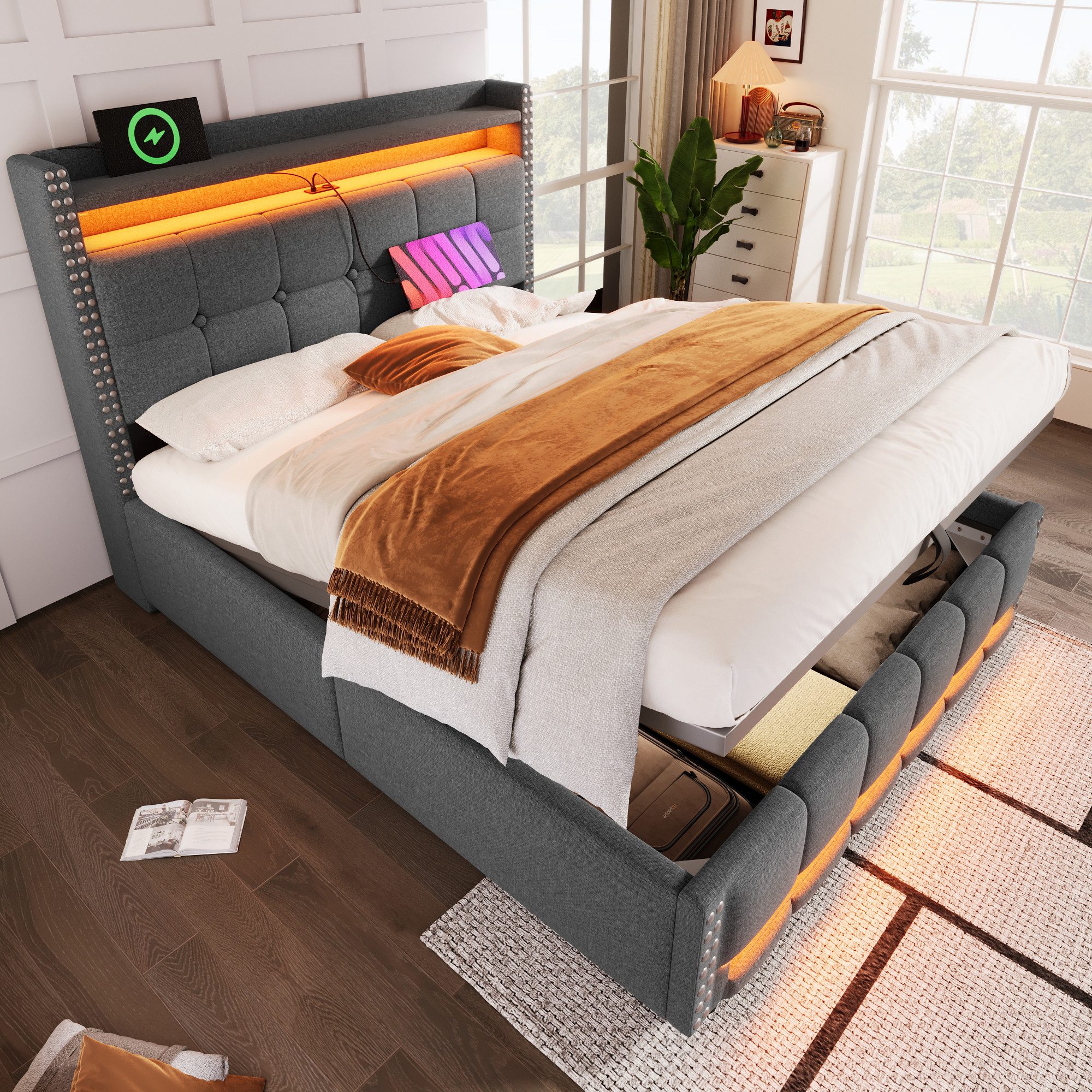 OKWISH Polsterbett Stauraumbett Funktionsbett (Stauraumbett,mit LED-Beleuchtung, USB-Anschluss & Hydraulik-Stauraum, 140 x 200 cm), ohne Matratze