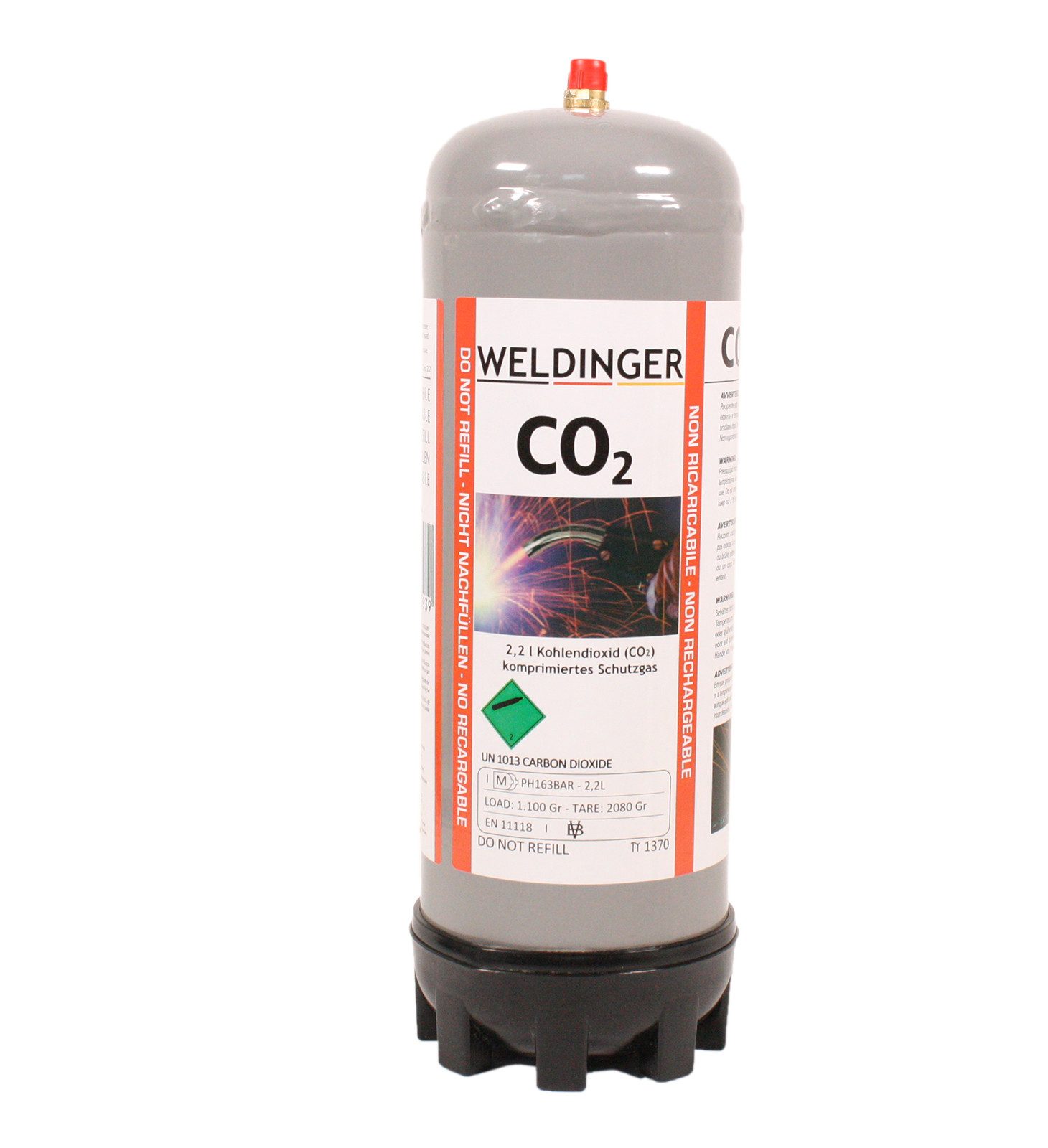 WELDINGER Gas CO² Einwegflasche 2 L ca. 1,3 kg MAG-Schweißgas Schutzgas M10x1R, MAG-Schweißen