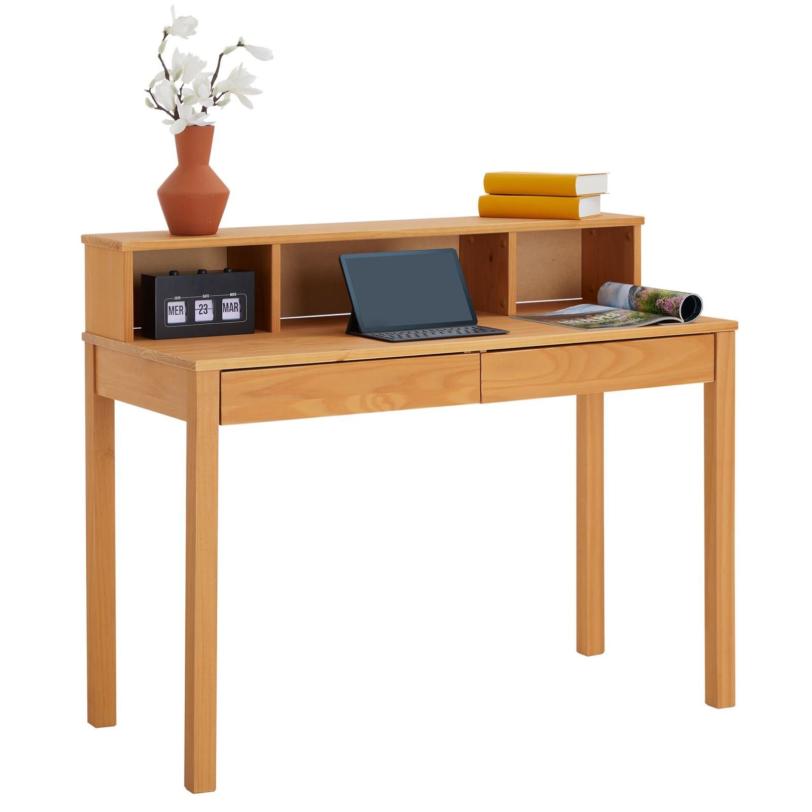 Schubladen Computertisch Bürotisch Schreibtisch LENNOX, 3 Kiefer Schreibtisch 2 bra IDIMEX braun Nischen