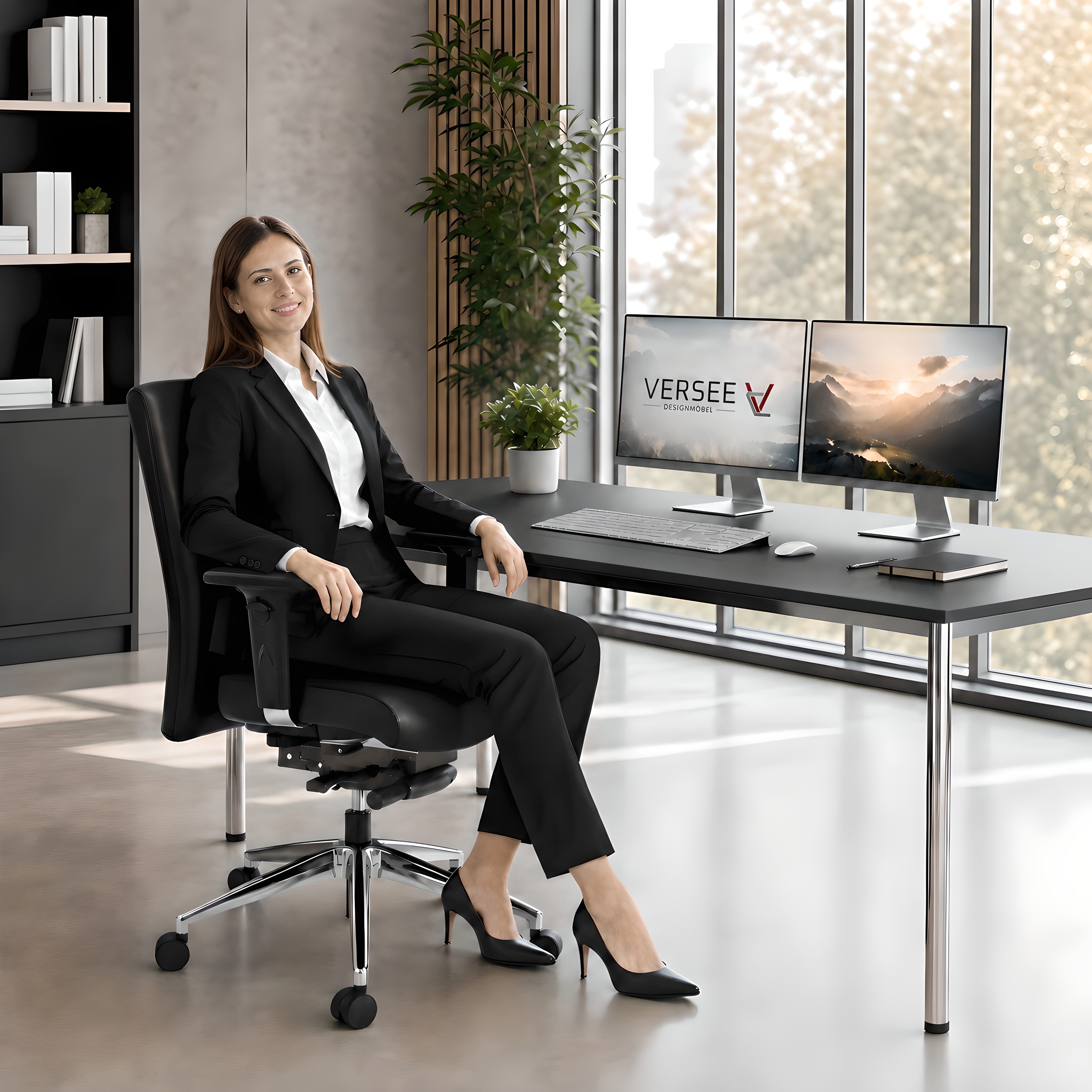 Versee Bürostuhl Schreibtischstuhl Terox Echtleder Schwarz - ergonomisch, bis 150kg (Drehstuhl für Home Office und Büro), aus Echtleder, höhenverstellbar, gepolstert, Synchronmechanik
