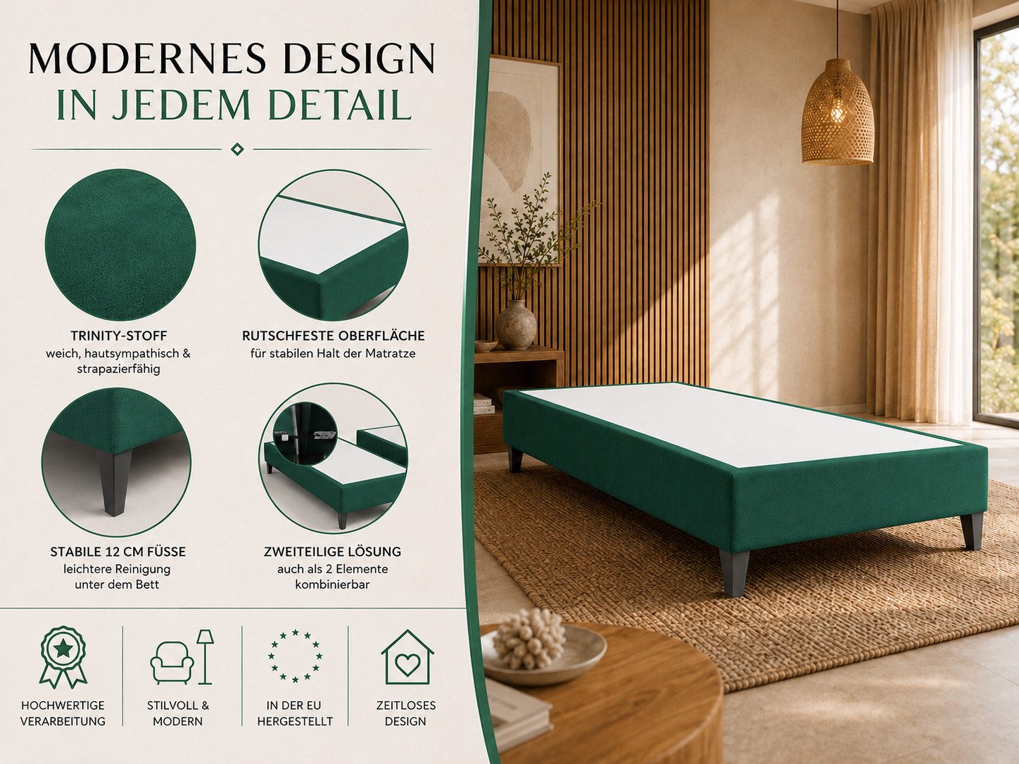Best for Home Boxspringbett Boxspringbettgestell aus Massivholz in verschiedenen Größen (Bettgestell / Seniorenbett / Jugendbett / Kinderbett, 1-St., Bettgestell ohne Matratze, optional mit Kopfteil), Massivholzrahmen, Trinity-Stoffbezug, wasserdicht, abriebfest