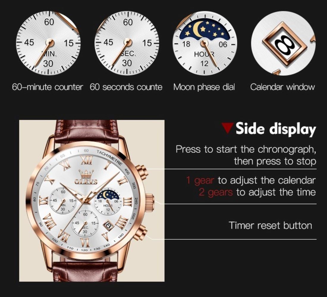 OLEVS Quarzuhr Herrenuhr Chronograph mit Tag & Nacht Anzeige Braunes Lederarmband 5529, Geschenkbox