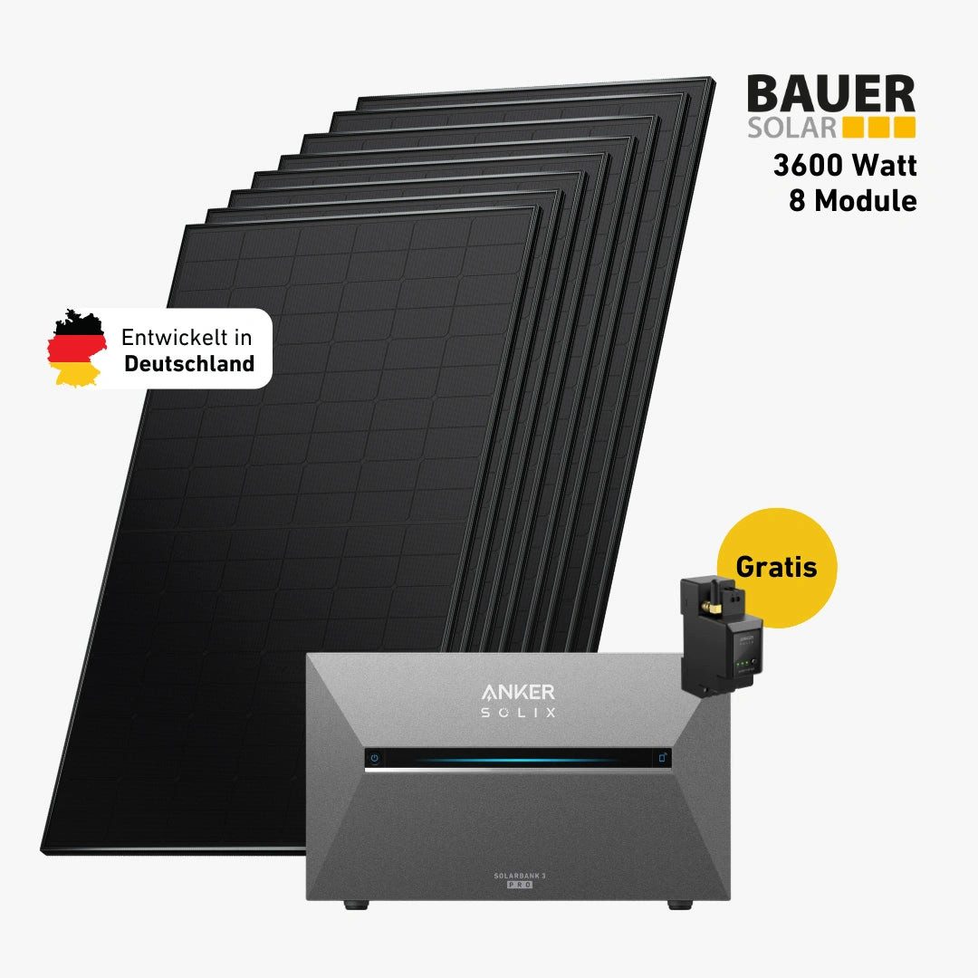 Balkonstrom Balkonkraftwerk 3600W mit Speicher, Anker 3 Pro, Komplettset, Bifazial, Premium, 3600 W, Monokristallin, (Anker SOLIX Solarbank 3 E2700 PRO Stromspeicher), Made in Germany Kabel