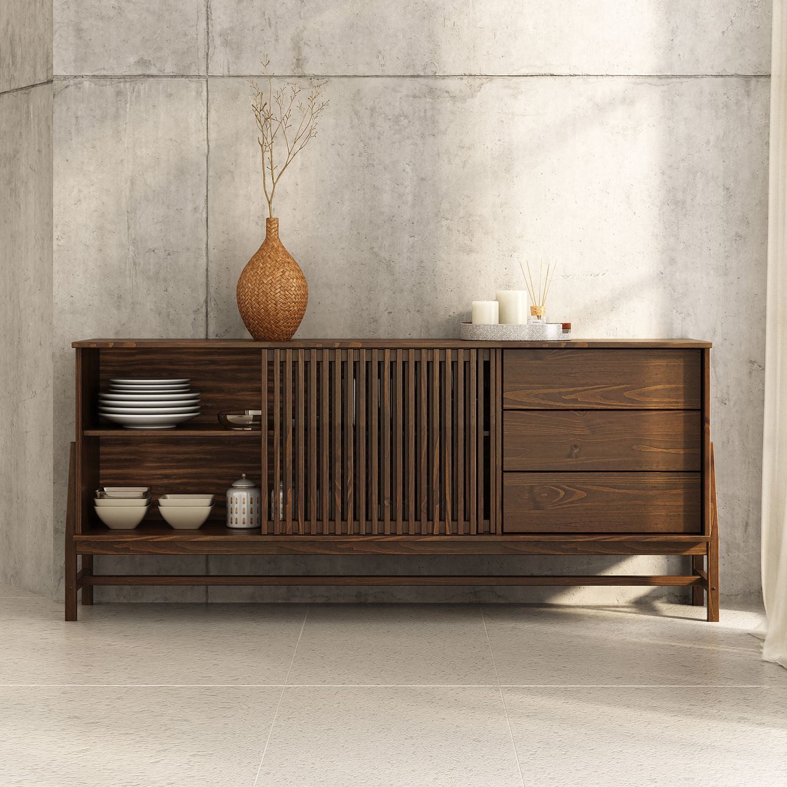 IDIMEX Sideboard ADAMO, Kommode 175 cm aus Massivholz mit Lamellenschiebetüren Nussbaum Finish
