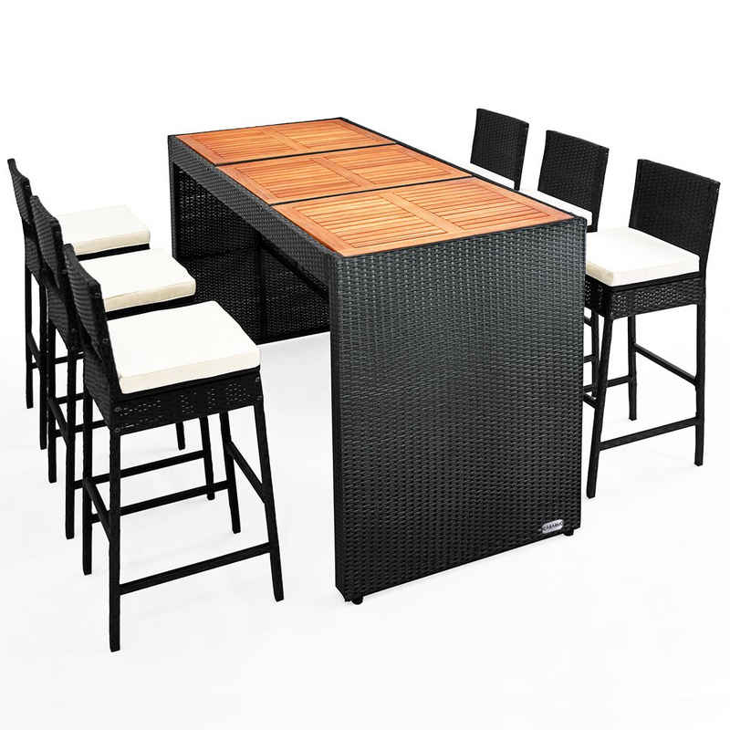 Casaria Sitzgruppe, Polyrattan 185x80x110cm Akazie 7cm Sitzauflagen Outdoor Holz