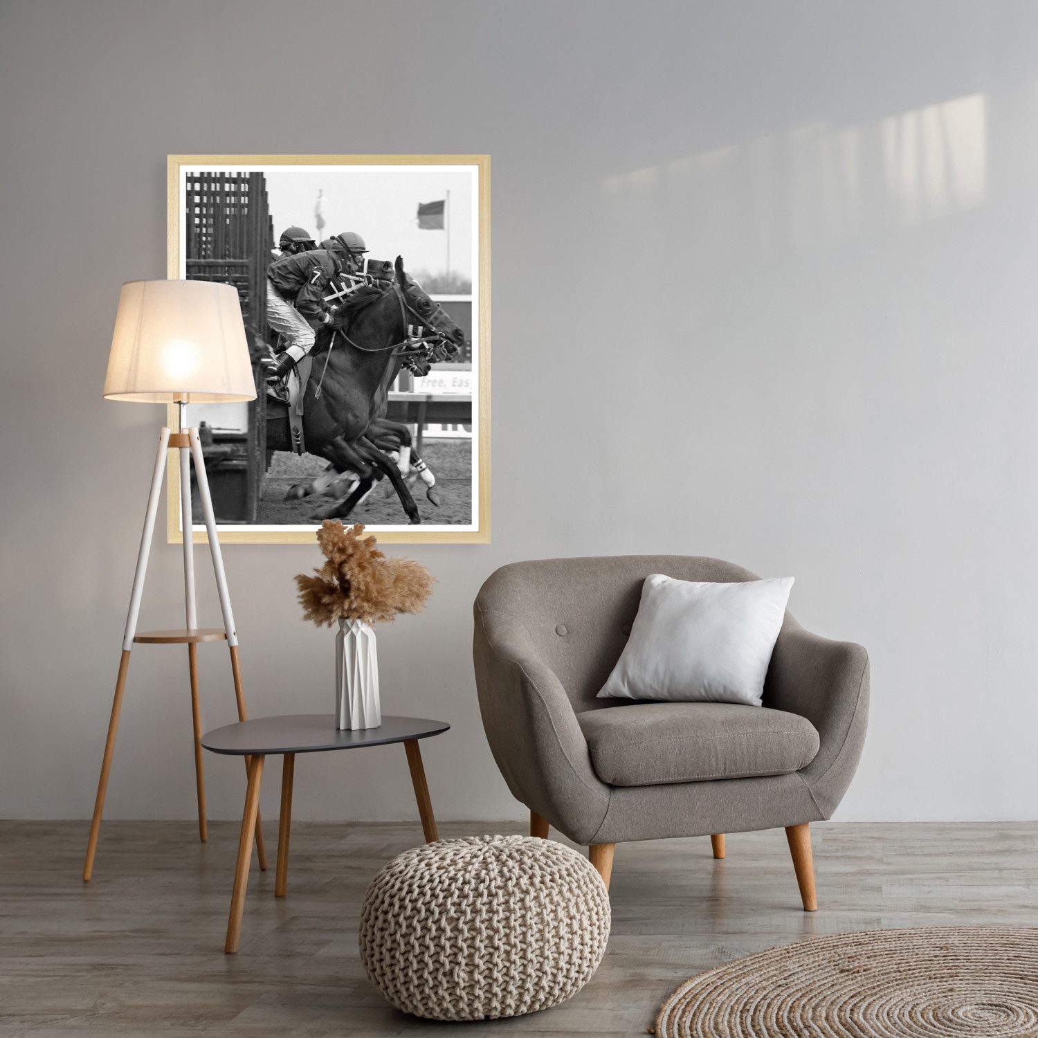 queence Bild mit Rahmen Vintage Polo Pferderennen, Foto, Menschen, Pferde, Reitbilder, HD Premium Poster-Druck inkl. Echtholzrahmen in beige