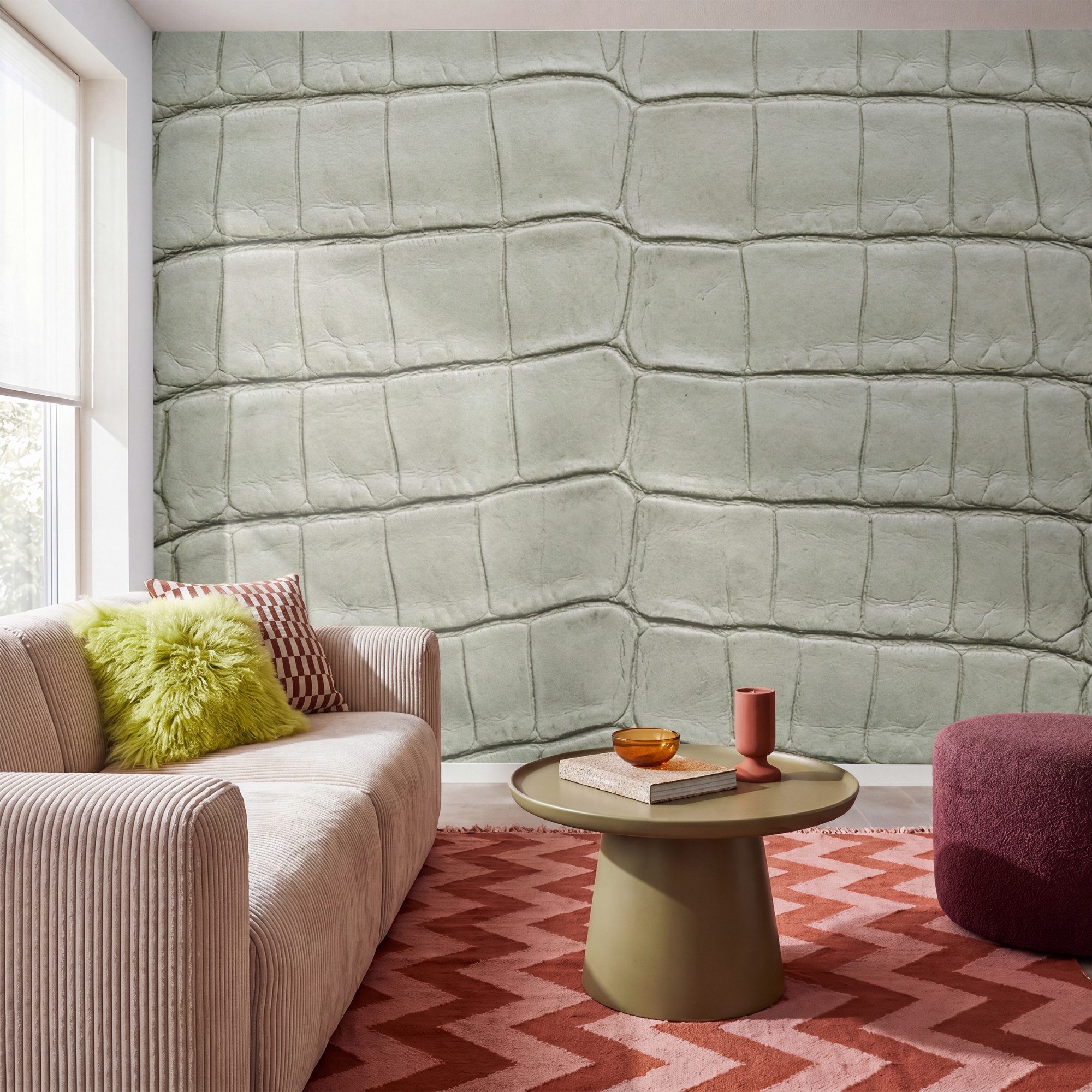 OnlyWow Fototapete Krokodilleder - Schuppen - Grün, Matt, bedruckt, Wandtapete, Schlafzimmer, Vinyl Tapete 280x220cm