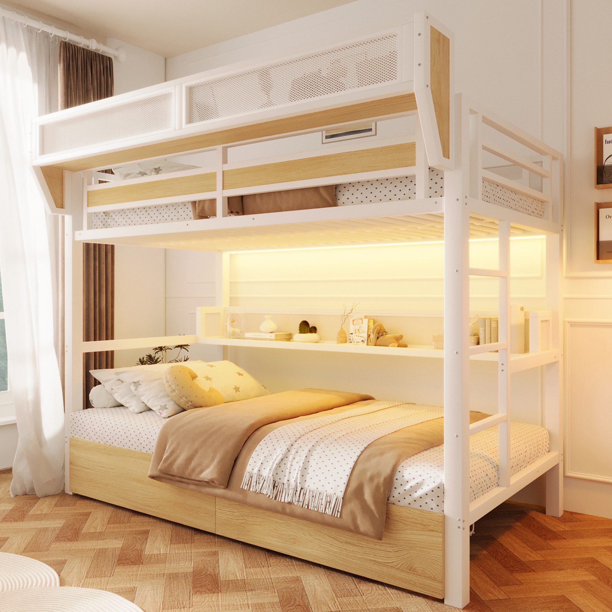 Flieks Etagenbett, Metallbett 90x200cm mit Schubladen LED-Beleuchtung Aufbewahrungskorb
