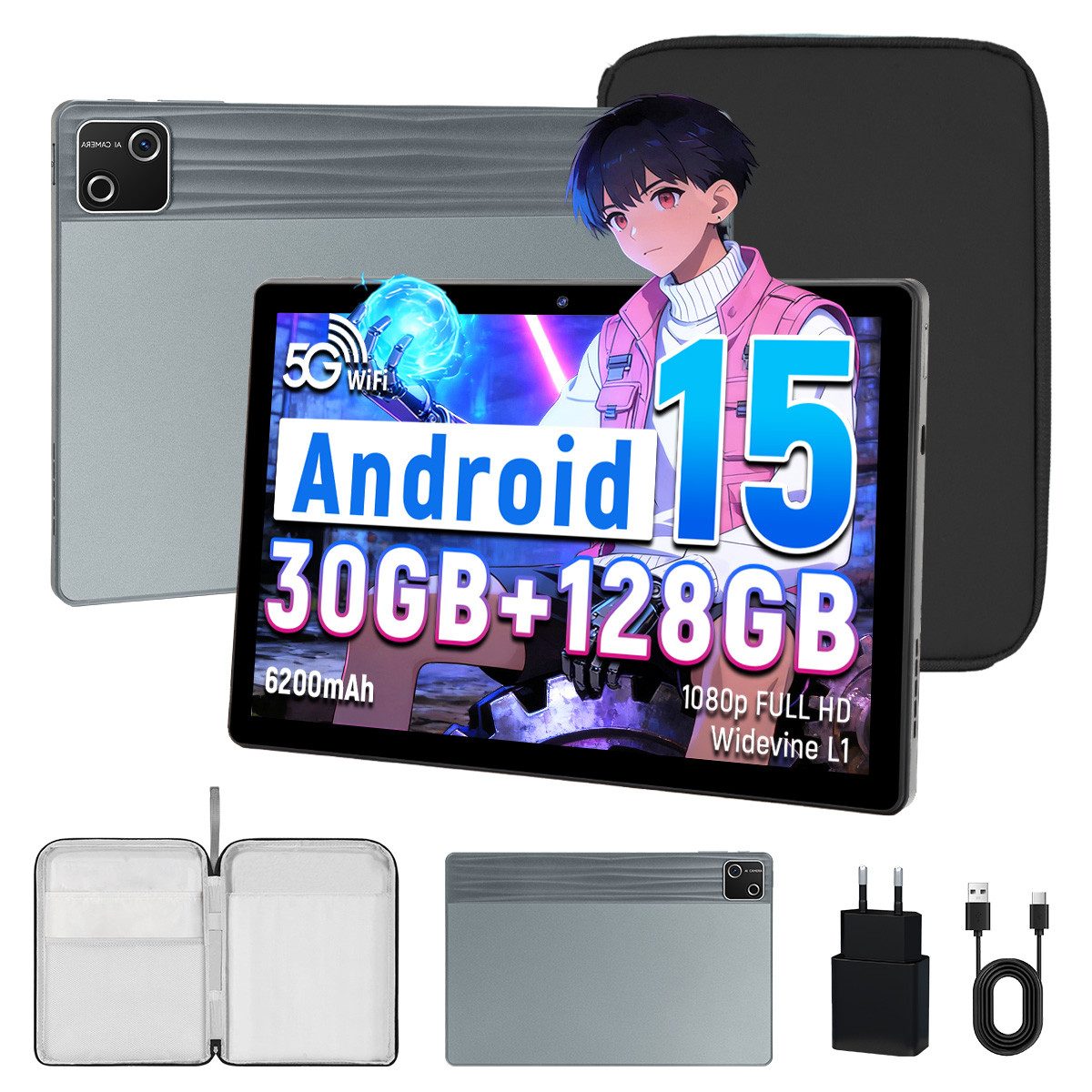 BUFO 10’’ Android 15, Octa Core 30(6+24)GB RAM+128GB, HD 1280x800, 6200mAh Tablet (10", 128 GB, Android, 2,4G/5G WiFi, 128GB bis zu 1TB, Gesichtsentsperrung, Dual Kamera)