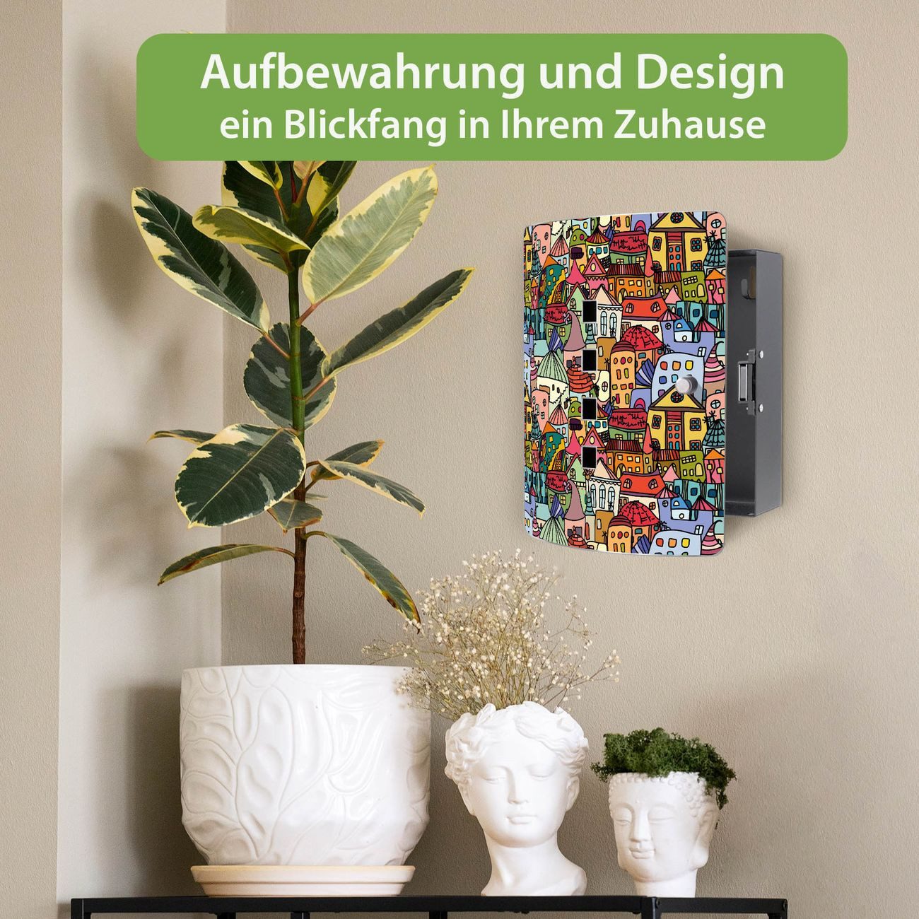 banjado Schlüsselkasten Edelstahl mit Motiv Funky Town (verstellbarer Magnetverschluss, mit 10 Haken, gebogene Tür, einstellbarer Magnet), 24 x 21,5 x 7 cm