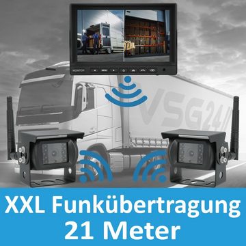 VSG24 7“ Funk Rückfahrsystem EVOLUTION HD mit 21 Meter FUNK Übertragung 2 x Rückfahrkamera (für Wohnmobil & LKW, KFZ Set kabellos inkl. einfach zum Nachrüsten DIY)