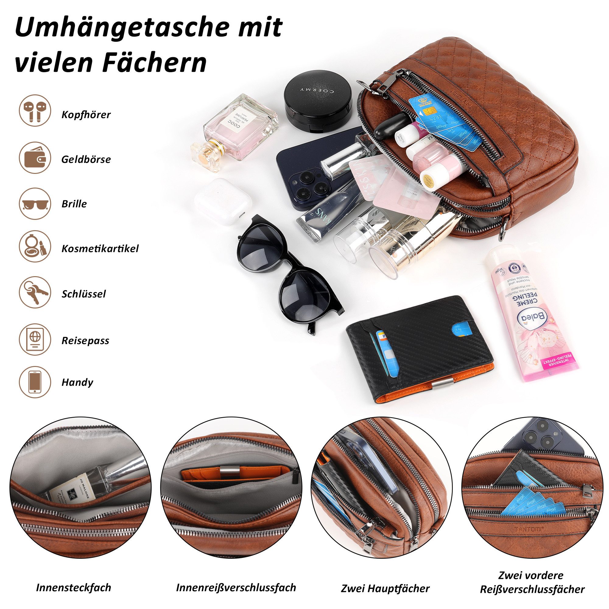 TANTOMI Schultertasche Umhängetaschen Damen, Crossbody Bag mit mehreren Fächern (Damen Handtasche mit Weich Breiter Gurt), Design mit mehreren Reißverschlüssen – Bild 4 von 5