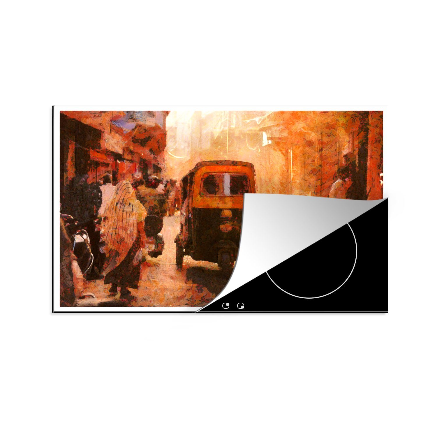 MuchoWow Herdblende-/Abdeckplatte Eine bunte Illustration eines Tuktuks in Jodphur in Indien, Vinyl, (1 tlg), 81x52 cm, Induktionskochfeld Schutz für die küche, Ceranfeldabdeckung