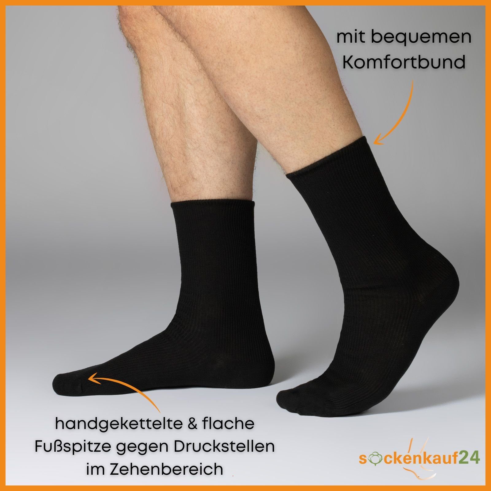 sockenkauf24 Diabetikersocken 12 Paar Damen & Herren Socken ohne Bund (Schwarz, 39-42) 100% Baumwolle ohne Naht 11000