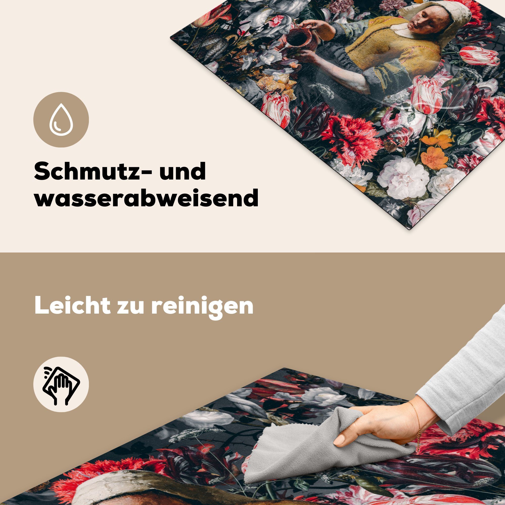 MuchoWow Herdblende-/Abdeckplatte Vermeer - küche, Vinyl, cm, Blumen, Milchmädchen für - tlg), Ceranfeldabdeckung die Induktionskochfeld Schutz (1 71x52
