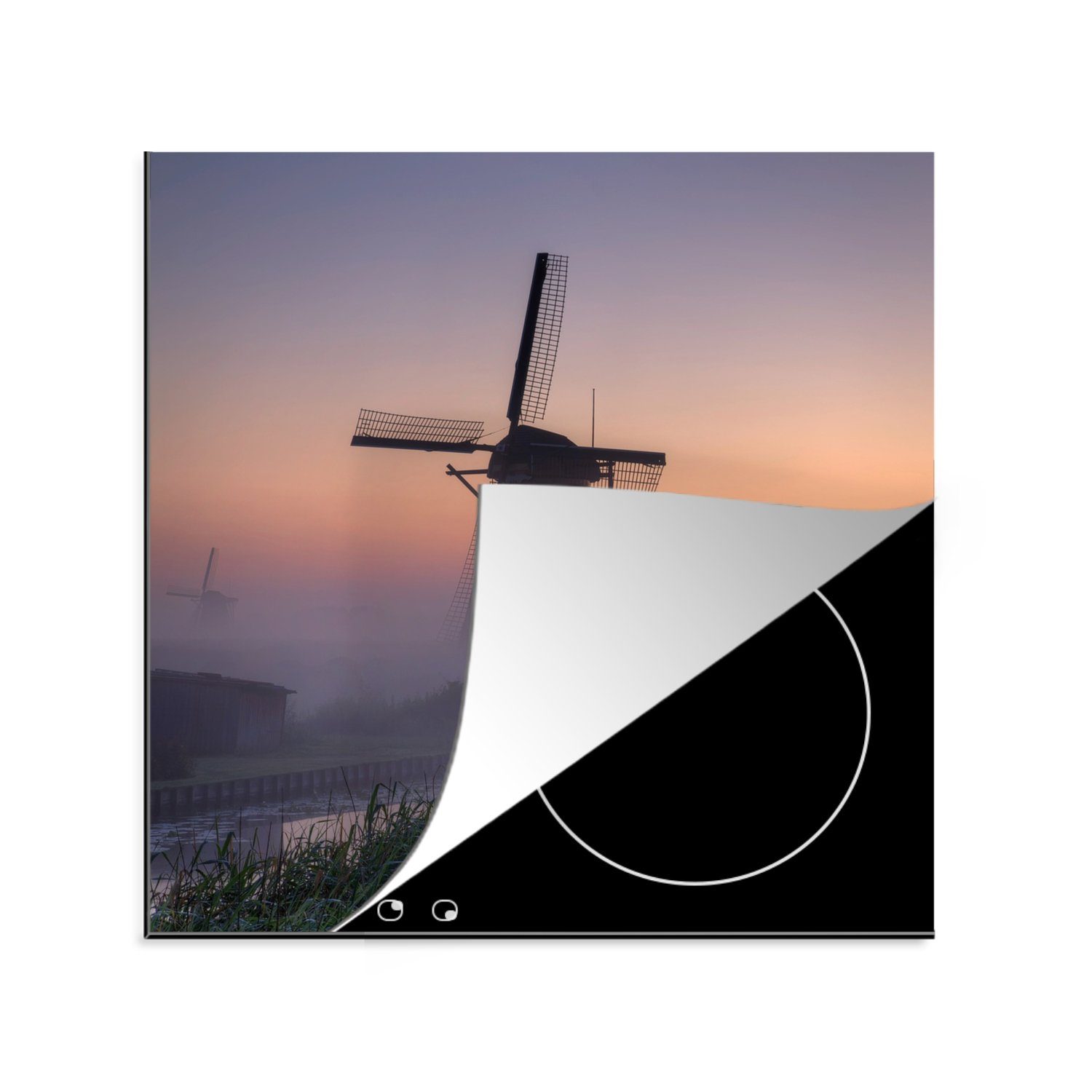MuchoWow Herdblende-/Abdeckplatte Windmühlen - Nebel - Sonnenaufgang, Vinyl, (1 tlg), 78x78 cm, Ceranfeldabdeckung, Arbeitsplatte für küche