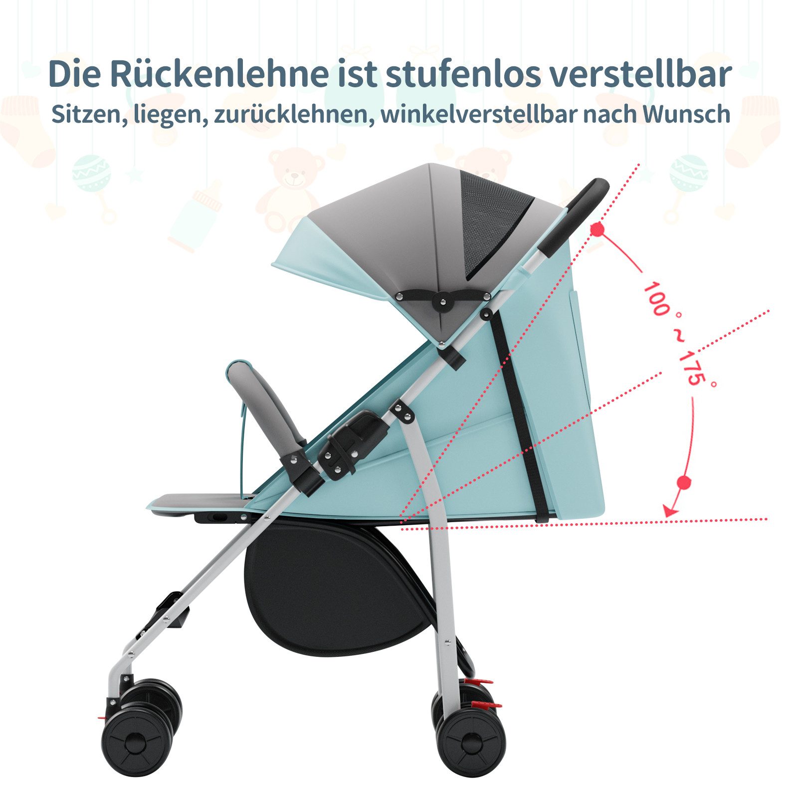 JEOBEST Kinder-Buggy Buggy Kinderwagen Kinderbuggy mit Liegefunktion für Kinder, Klein Zusammenklappbar, Tasche im Verdeck, XL Korb