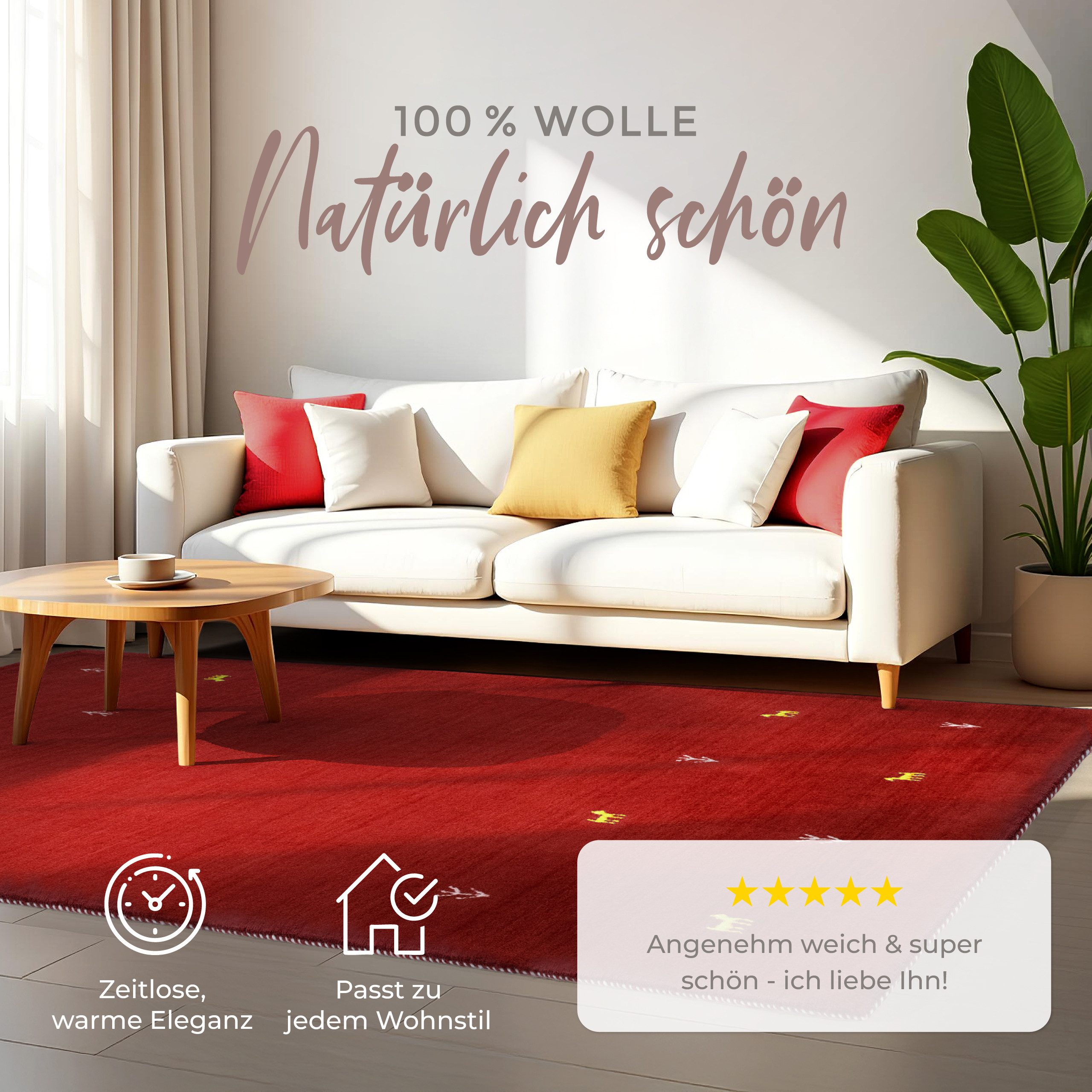 carpetfine Wollteppich Gabbeh Uni, auch als Läufer und Rund erhältlich, rechteckig, Höhe: 15 mm, reine Wolle, handgewebt, Gabbeh Loom Tiermotiv, große Farbauswahl