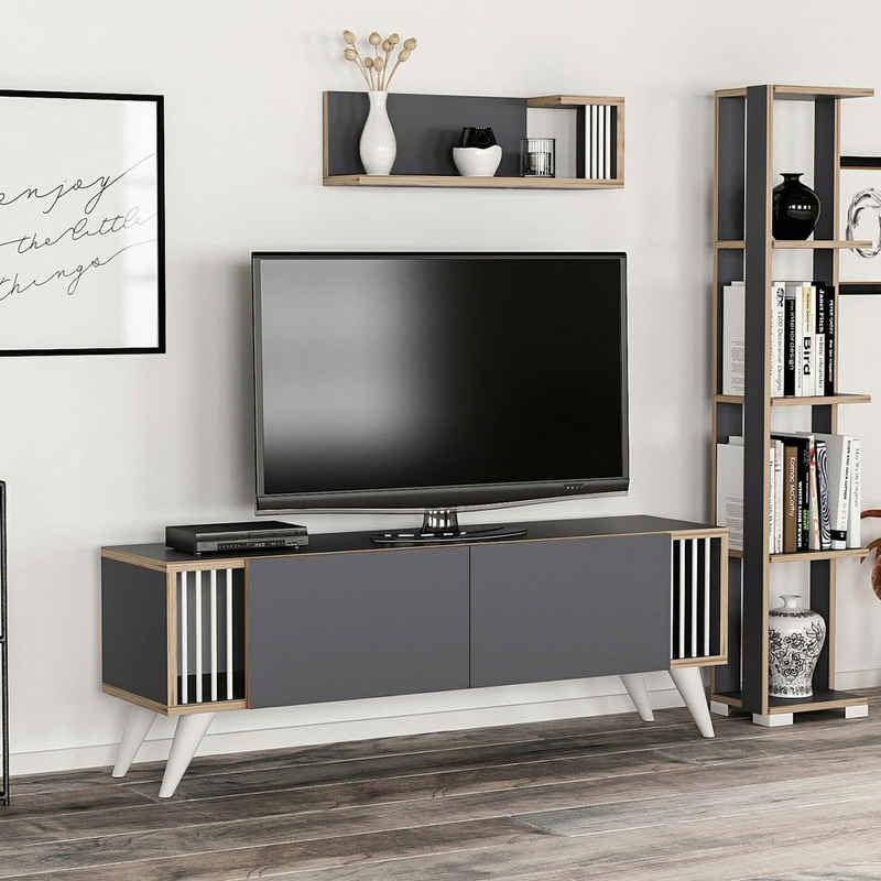 en.casa TV-Schrank »Albertslund« TV Board 42 x 120 x 31 cm Fernsehtisch mit Wandregal und 2 Schranktüren Lowboard Anthrazit / Holzoptik