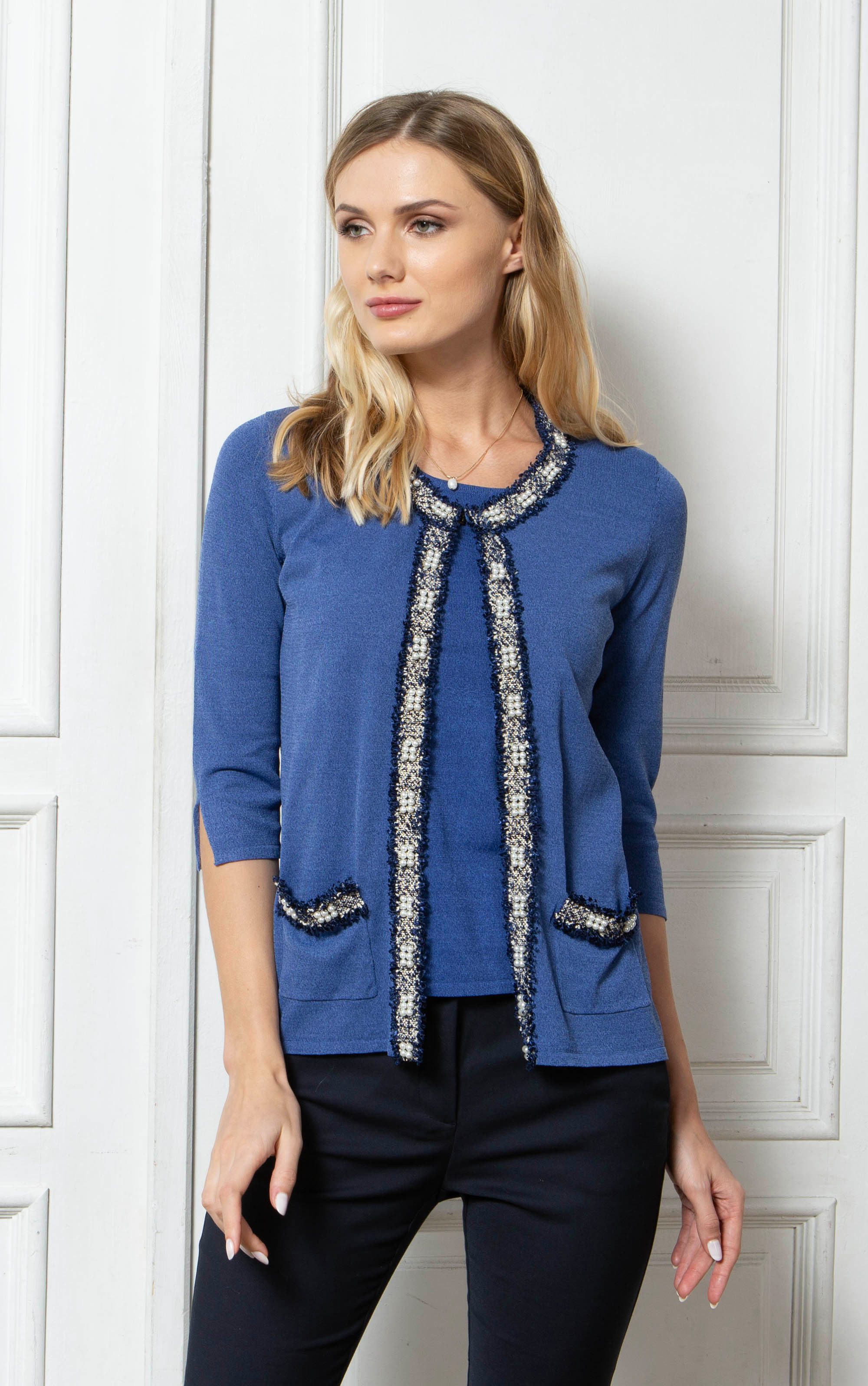 Passioni Cardigan Twinset mit Bouclé- und Perlenbesatz günstig online kaufen