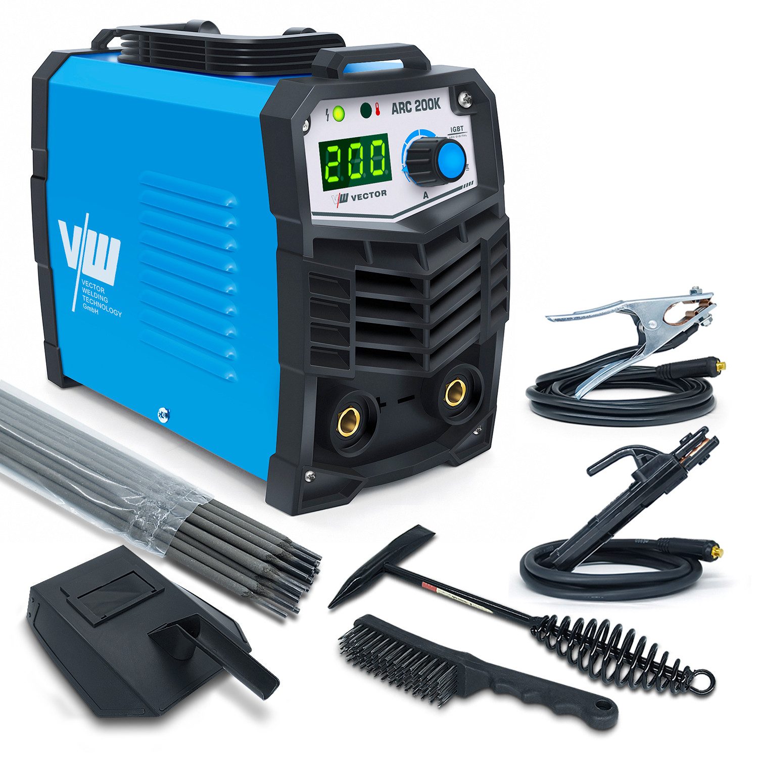 VECTOR WELDING Elektroschweißgerät Set MMA 200A IGBT ARC200K inkl. Elektroden/Hammer/Bürste