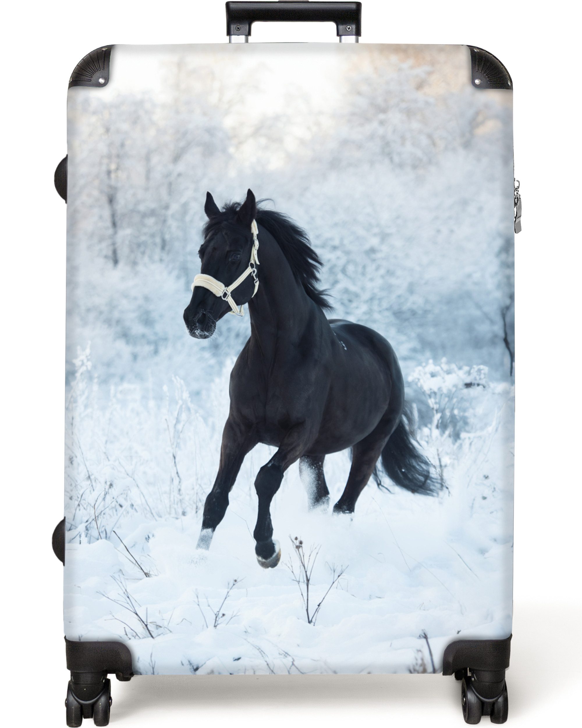 NoBoringSuitcases.com© Hartschalen-Trolley Pferd - Winter - Schnee - Porträt - Kinder 77 cm - 98 L, 8 Rollen, Großer Reisetasche mit Rollen für 30kg, Kinderkoffer