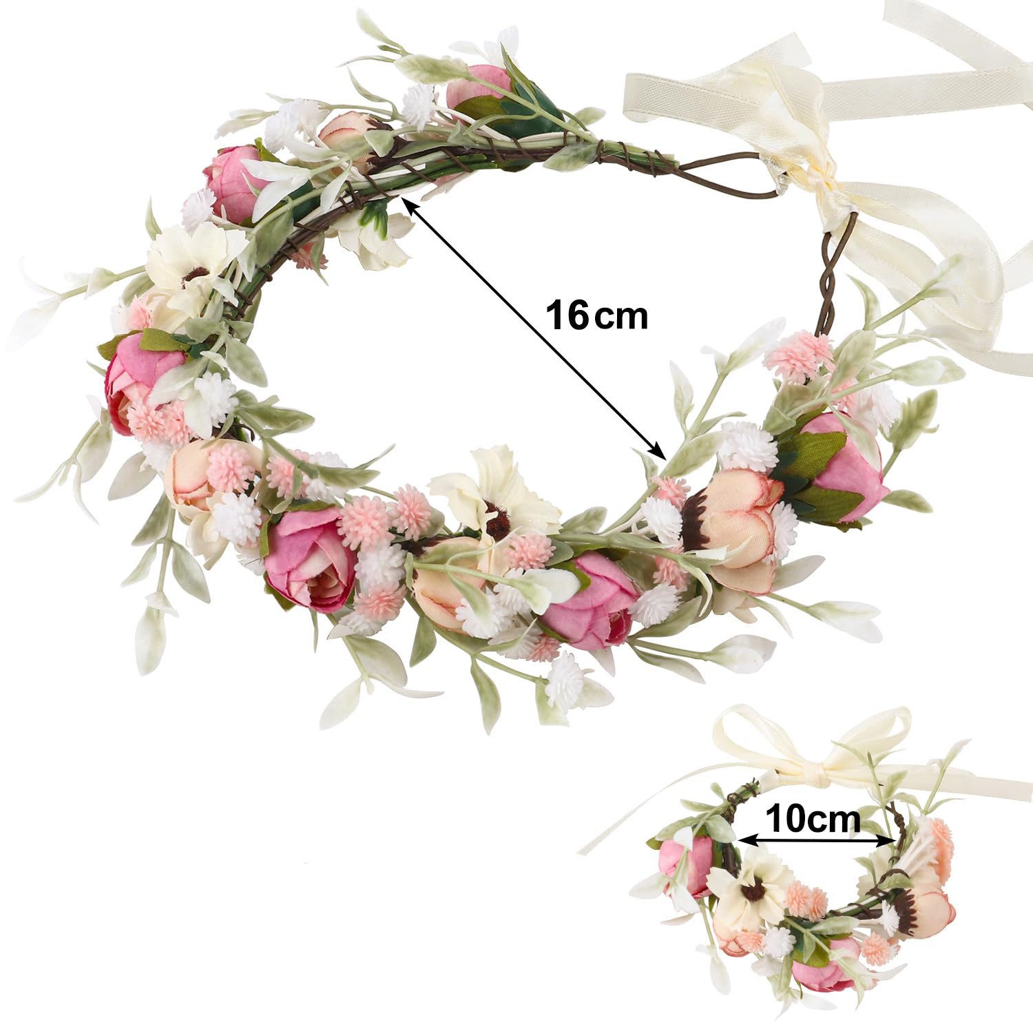 Bomiclss Haarband Blumenkranz Haarreif mit Armband – Rosen Blumenkrone, 1-tlg., für Braut, Hochzeit, Festival, Party & Strandlook