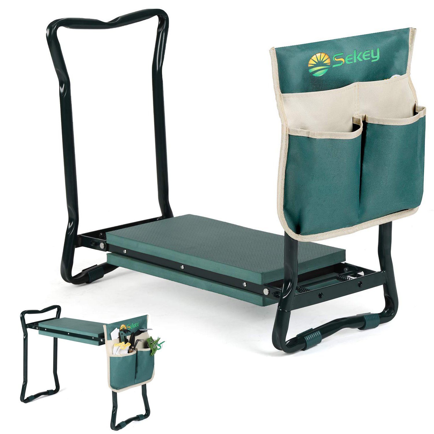 Sekey Kniebank 2 in 1 XXL Kniebank für Gartenarbeit Gepolstert Gartenhocker Klappbar, 2 in 1 Höhenverstellbar Gartenbank mit Werkzeugtasche 60 x 49 x 27,5cm