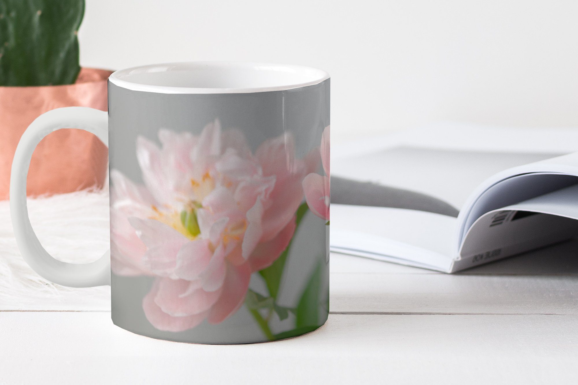 Blumenstrauß Tasse rosa Teetasse, MuchoWow aus Pfingstrosen, Keramik, Kaffeetassen, Geschenk Becher, Teetasse,