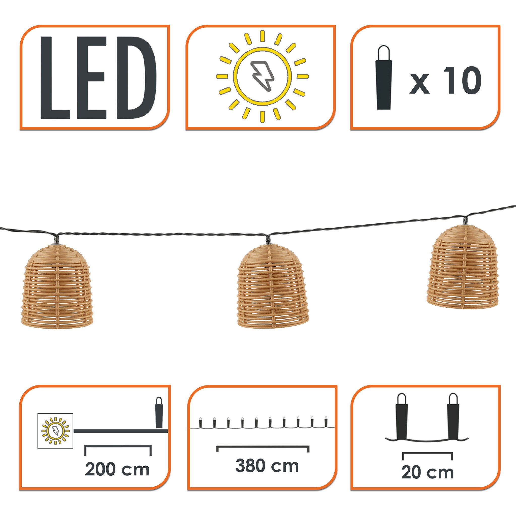 Spetebo LED-Lichterkette Solar mit 10 Lampions in Rattan Optik, 10-flammig, mit 7 Funktionen
