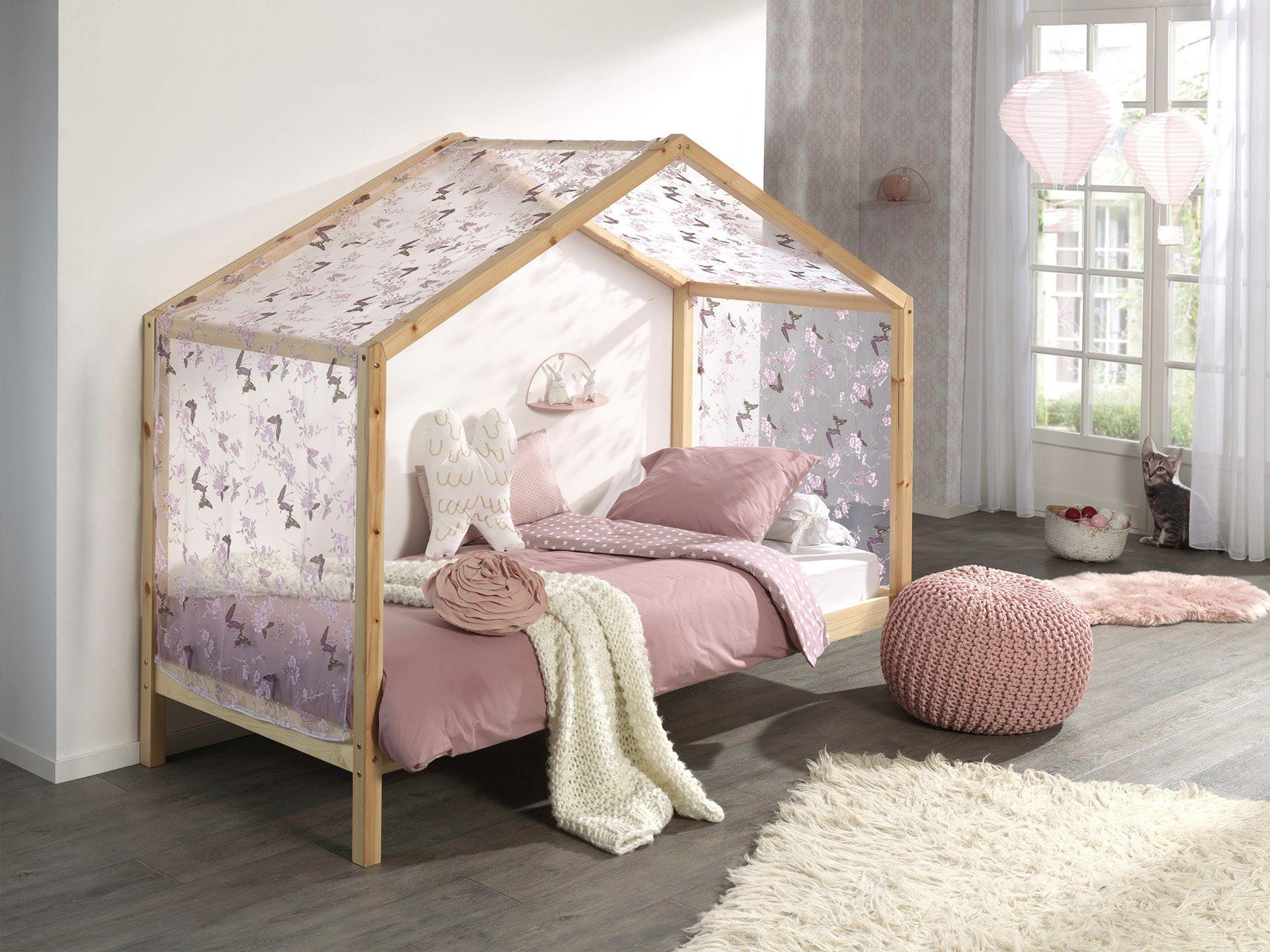 Vipack Hausbett Dallas (Made in Europe), wahlweise mit Bettschublade oder Textilhimmel, Ausf. natur oder weiß