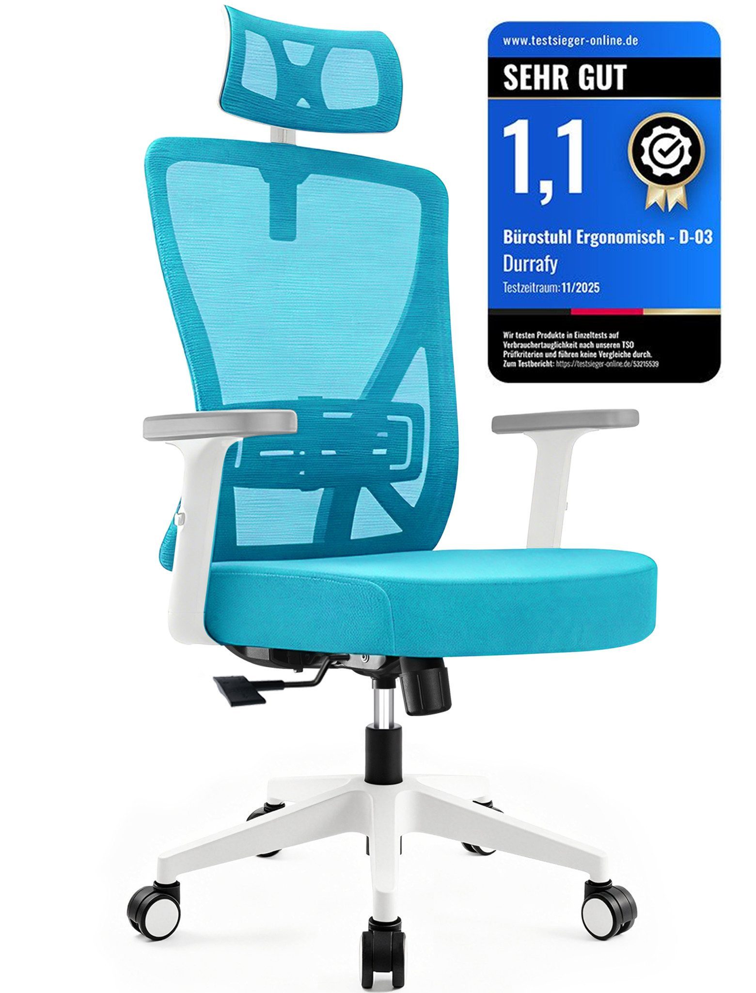 Durrafy Bürostuhl 200kg Ergonomischer Bürostuhl-Verstellbare Lordosenstütze (Verstellbare Lendenwirbelstutze + Kopfstutze + hohenverstelbare Armlehnen),bis zu 130° neigbar, atmungsaktives Netzgewebe, Drehstuhl),bis zu 130° neigbar, atmungsaktives Netzgewe