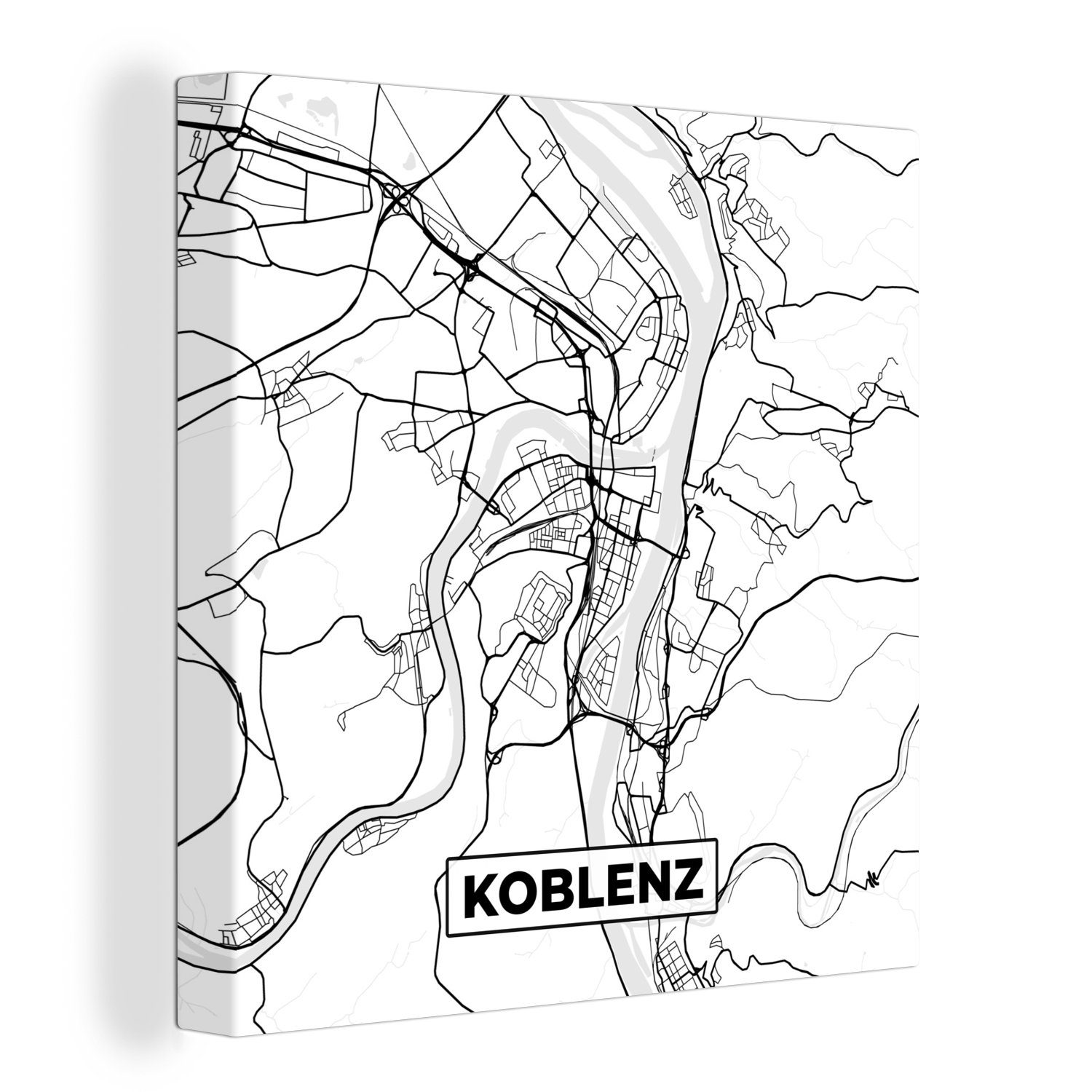 OneMillionCanvasses® Leinwandbild Karte - Koblenz - Stadtplan - Wegbeschreibung, (1 St), Leinwand Bilder für Wohnzimmer Schlafzimmer