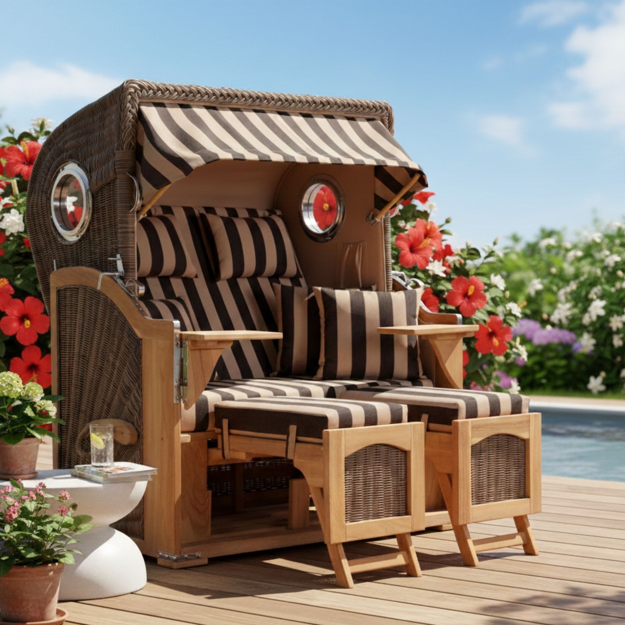MR.DEKO Strandkorb Düne 2-Sitzer Teak Bullauge wetterfest PE-Geflecht grey, BxTxH: 125x80x170 cm, Düne, Düne, (Fertig montierter Strandkorb für Garten, Terrasse & Balkon), Wetterfester Volllieger mit Edelstahlbeschlägen & waschbaren Polstern
